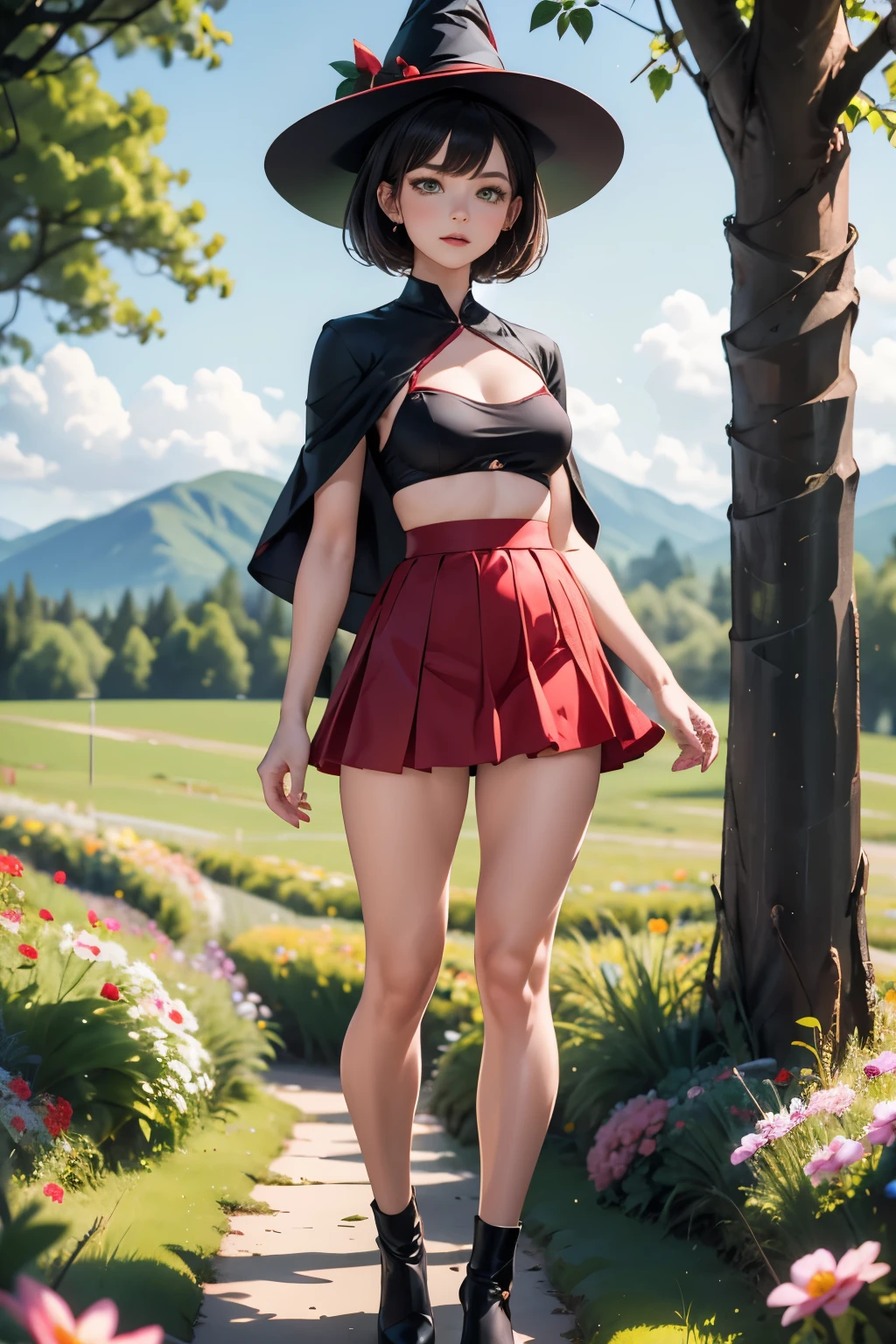 1 female, Small Breasts, Miniature skirt, Red Dress, Black cape, Short Girl, bandage, Witch Hat, Magic wand, Short hair, Black Hair, landscape, Green fields, Tree, Flowers, Looking at the audience, mini skirt