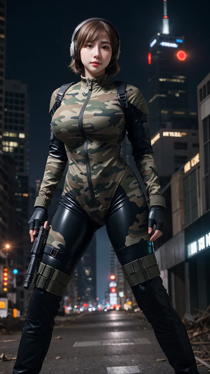 ((Highest quality)), (Realistic: 1.2), ( Sharp focus), High resolution, One girl, Fantasy Photography, beautiful sniper, Girl aiming with assault rifle, beautiful, , 20-year-old, White skin, 青White skin, Fascinating, sexy, erotic, beautiful face, Detailed and perfect face, Perfect Proportions, Huge breasts, Narrow waist, belly button, Crotch gap, Thighs, Dynamic pose, Combat pose, looking at the camera, short hair, (Wearing skin-tight camouflage rubber suits and high-tech headsets), Mech Suit, exposed Thighs, Abandoned City, Dark City, Drone in flight, Searchlight,