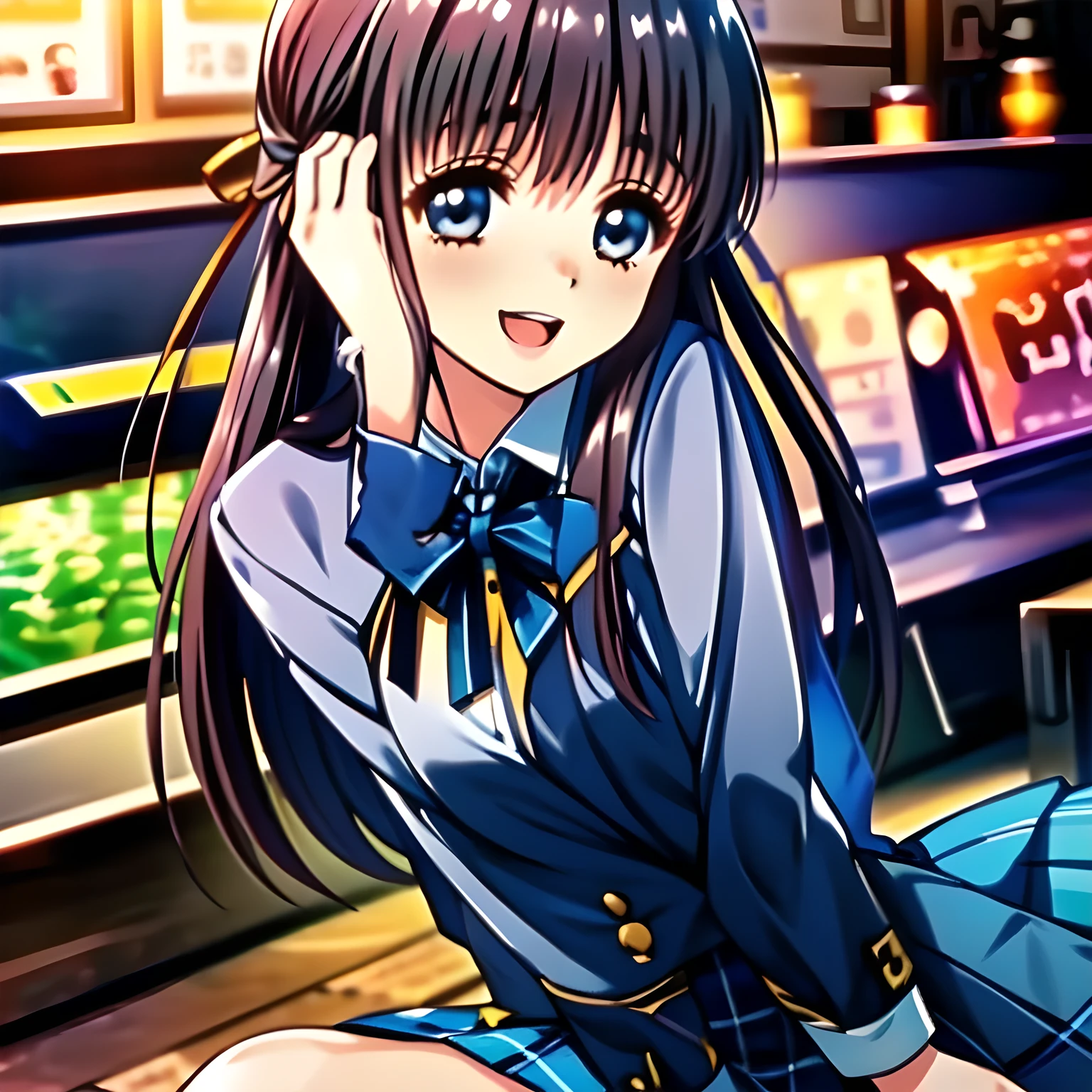 (highest quality, masterpiece, Full HD, High definition: 1.2), (Japanese Game CG art of beautiful giggling seated girl, charming me: 1.3), (Just one very beautiful date-game heroine who is looking and laughing at me, Very detailed cute **** heroine's eyes and face, Beautiful giggling eyes with detailed: 1.0), (long bottom-eyelashes: 1.0), (Girl whom everyone loves because of her beauty and lovely fashion and noble manner and mind of succubus and magical-charm of succubus: 1.0), (Very beautiful, wavy, cutely shining super-super-long blue hair, with elegant hair ribbons, spreading on whole the screen: 1.0), (Laughing very beautiful and lovely sapphire-blue intelligent cute-eyes which charms and enslave me inevitably, with clearly detailed: 1.4), (Eyes are clearly detailed), (very long eyelashes: 1.0), (Noble black neat sailor-styled formal school uniform with a noble expensive ribbon on the chest: 1.0), (Charming neat blue & navy tartan-checkered pleated long school skirt: 1.5), (Soprano singer of classic music: 1.0), (Can't stop giggling: 1.6), Clear skin, (Sacred Venus atmosphere)