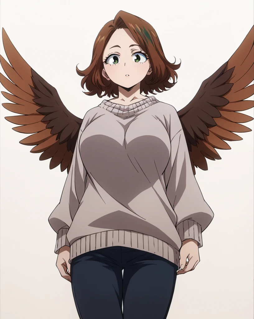 score_9, score_8_up, score_7_up, score_6_up, score_5_up, score_4_up, source_manga, rating_safe, by Kohei Horikoshi, 1girl, body shot, pale skin, short stature, curious expression, large eyelashes, brown hair with green highlights, big breasts, oversized sweater, black pants, brown hummingbird wings
