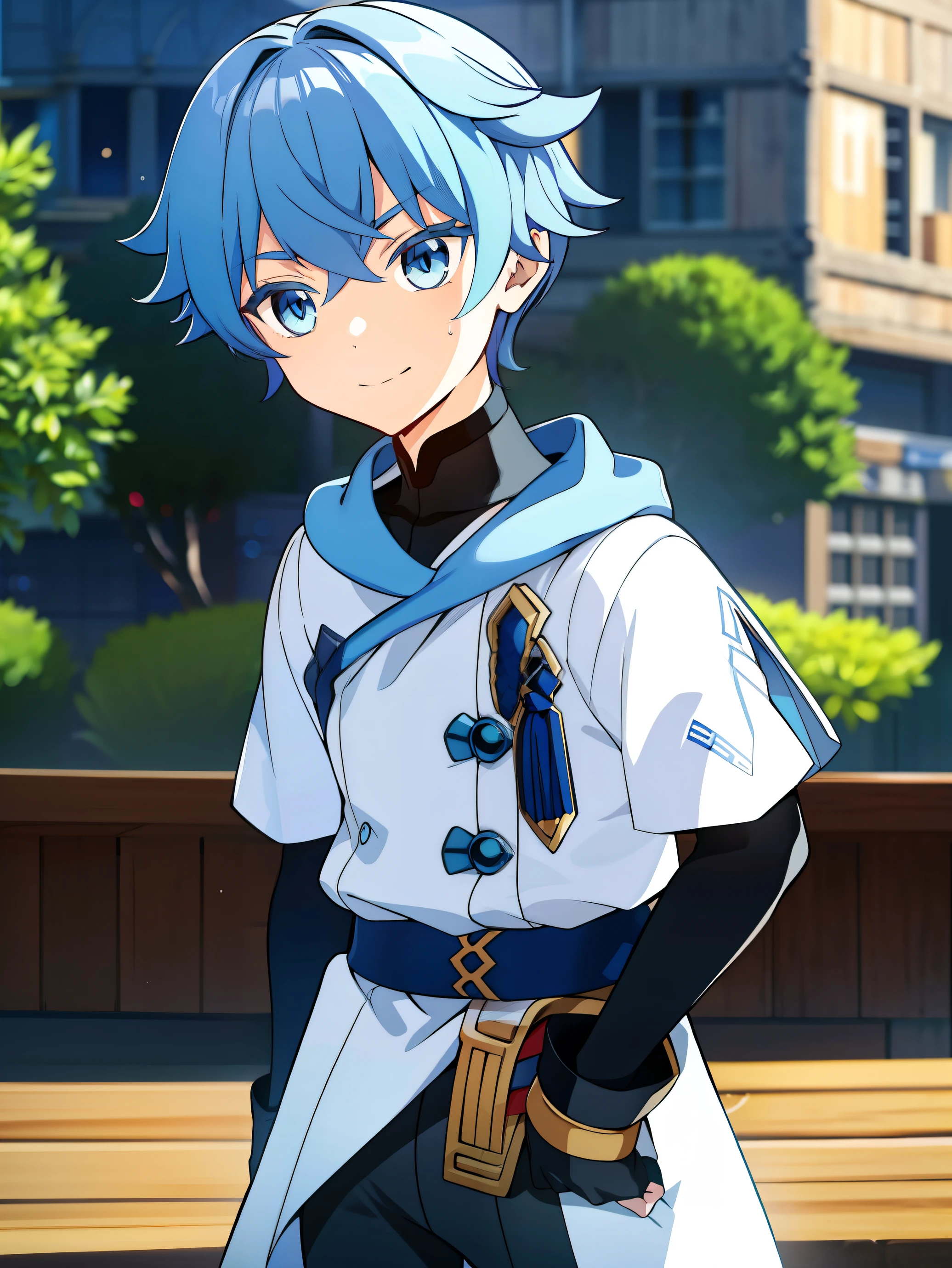 Highres, Masterpiece, Best quality at best,Best Quality,hight quality, hight detailed, Anime style, 1boy, Shota, young boy,14-years-old, chongyun, blue hair, blue eyes, short hair bangs, hair between eyes, winter coat, fur-trimmed collar, fur-trimmed coat, long sleeves, gloves, black leggings, light smile, closed mouth, (very young boy), (very small and short body), Simple beckground, cute boy, Uhd, bokeh, sweat
