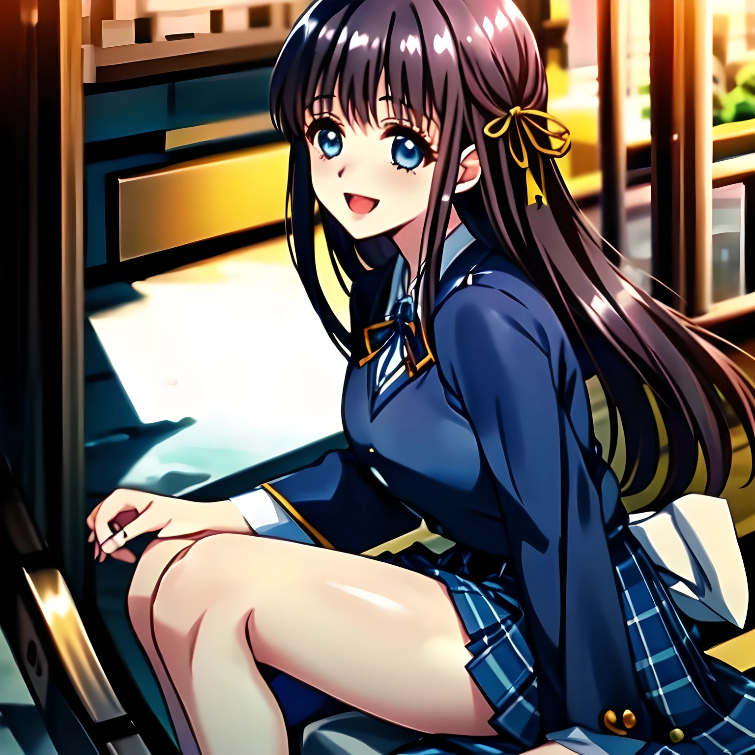 (highest quality, masterpiece, Full HD, High definition: 1.2), (Japanese Game CG art of beautiful giggling seated girl, charming me: 1.3), (Just one very beautiful date-game heroine who is looking and laughing at me, Very detailed cute **** heroine's eyes and face, Beautiful giggling eyes with detailed: 1.0), (long bottom-eyelashes: 1.0), (Girl whom everyone loves because of her beauty and lovely fashion and noble manner and mind of succubus and magical-charm of succubus: 1.0), (Very beautiful, wavy, cutely shining super-super-long blue hair, with elegant hair ribbons, spreading on whole the screen: 1.0), (Laughing very beautiful and lovely sapphire-blue intelligent cute-eyes which charms and enslave me inevitably, with clearly detailed: 1.4), (Eyes are clearly detailed), (very long eyelashes: 1.0), (Noble black neat sailor-styled formal school uniform with a noble expensive ribbon on the chest: 1.0), (Charming neat blue & navy tartan-checkered pleated long school skirt: 1.5), (Soprano singer of classic music: 1.0), (Can't stop giggling: 1.6), Clear skin, (Temple of Sacred Venus beauty background: 1.5)