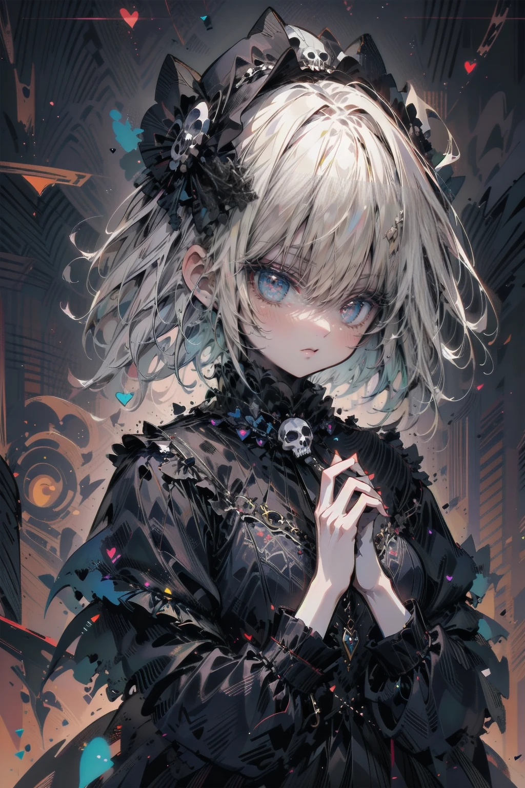 Girl holding skeleton and skull in hands.,  Skull portrait woman, Mechanical Witch, Gothic Maiden, Google and pixiv Art Station, Gwayz Pixiv Art Station, Beautiful Necromancer Girl,  Detailed Digital, Kschalt Krenz Arte Clave Femenino, Detailed character art 