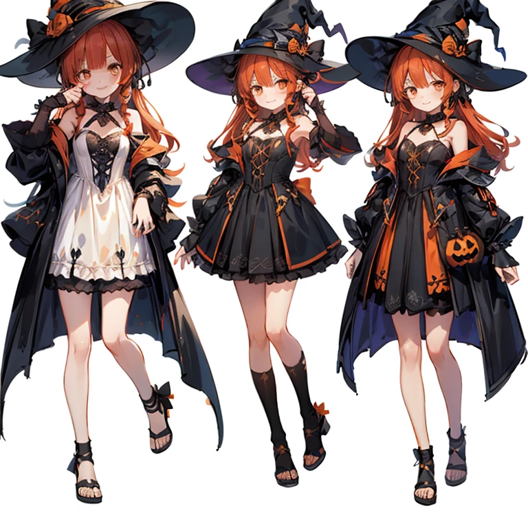 Halloween witch, white background, black orange red color,whole body, White Background, static pose, static composition, smile, pastel color, (((character turnaround)))