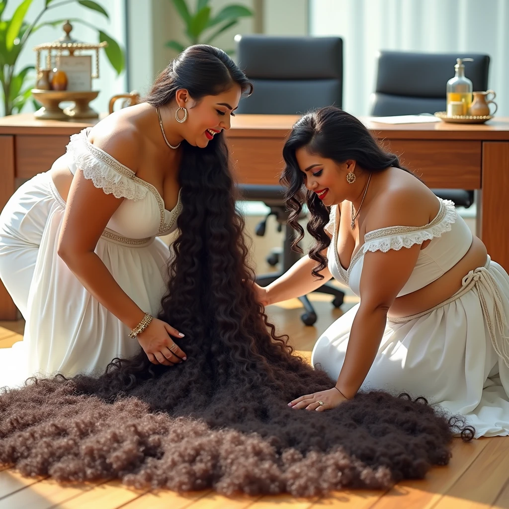 in luxerius office items sorrounded bright lighted modern indian officeextra plus size two mexican mature ladies in mayan dress at mexican modern office rolling down to the floor from top of the desk,their long,3c curly slick back hair,flooded with 10 liters of hair oil in hair,kissing,like rapunzel eldery mexican lady' hairs color noodles,Flooded with 100 liters of oil over thier hair,hairs like oil pulp,hairlines are all together till the end,kneeled,bend over and hands on the ground,one lady kissing head scalp from behind keeping tongue outSince they do this act,Other office ladies also got errected and playing with their huge breasts pressing them harder to show these two ladies.these all ladies are with dress exactly in as per image prompt,all of them,with their hairs respectively color for the ladies hairs in as per image prompt,their long,meticulaiursly colied until become perfection with shining spills and flows thriugh the floor,red lipsstick,natural tongues pulled out,These all ladies' faces are with showing full of sexual wildness showing out from their faces exact as in image prompt,Their eyes are fullfill with sexual wildness with raping hair as per the imahe prompt,(Show me their tongues,long tongues:1.0) styled with 100000 liters hair oil,hairs like viscus oiled pulp,slick combed hair lines highly visible,{{{{Ladies wears perfect dresses in perfectt busty}}}},{{{{{NSFW}}}}},{{{{{{Hairs highly soaked}}}}}},{{{slick combed hair lines}}}},{{{{Hairlines reflecting shinning like mirrors with water}},{{{{{Showcase full bodies perfect busty breast figures}}}}},{{{{{High resolution perfect color grading}}}}}},{{{Perfect hairs on all ladies exactly in image prompt}}}}}}},((((((((Generate ethnicity as indian sexy build ladies))))))))),((((((Generate wildness poses where shows the wildness of the sexually wildness and extremly extremly wildness in to hair licking by their tongues exatly as image prompt))))