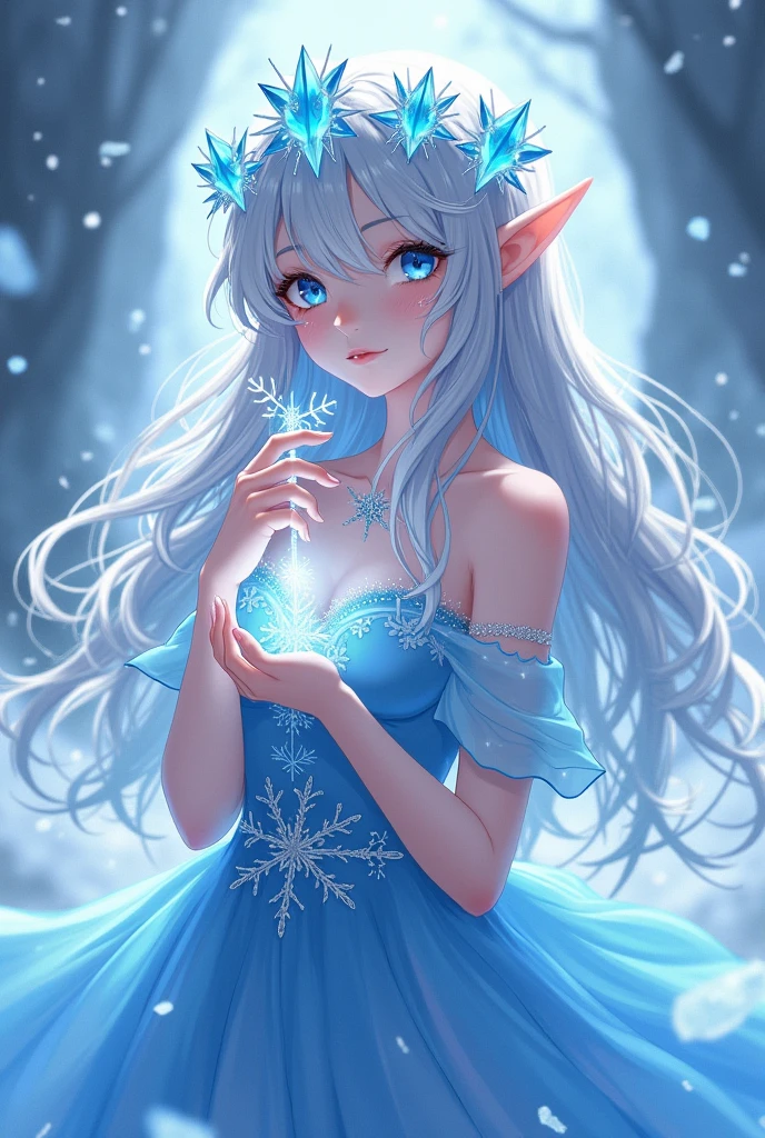 anime girl with long white hair and a blue dress in the snow, white haired deity, white hair floating in air, anime fantasy illustration, flowing white hair, beautiful young wind spirit, beautiful fantasy anime, shiny and flowing hair, ethereal anime, beautiful anime works, beautiful digital art, anime fantasy artwork, ((a beautiful fantasy empress)), 2. 5 d cgi anime fantasy artwork