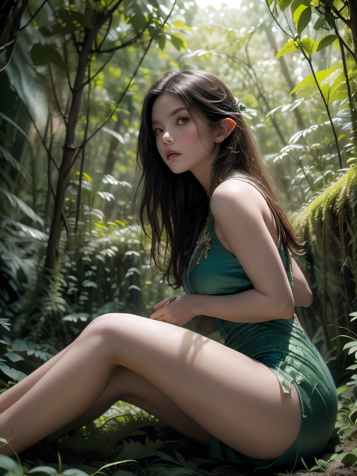 open legs，A dramatic Low angle shot of a female elf warrior, Hands on hips, Enchanted Forest中黄昏天空的映衬. This painting exudes an undeniable aura of power and beauty. (Low angle shot: 1.5), (Powerful lying posture: 1.4), (Enchanted Forest: 1.5), (Dusk silhouette: 1.3), (adventure: 1.4), (Fantasy World: 1.5).