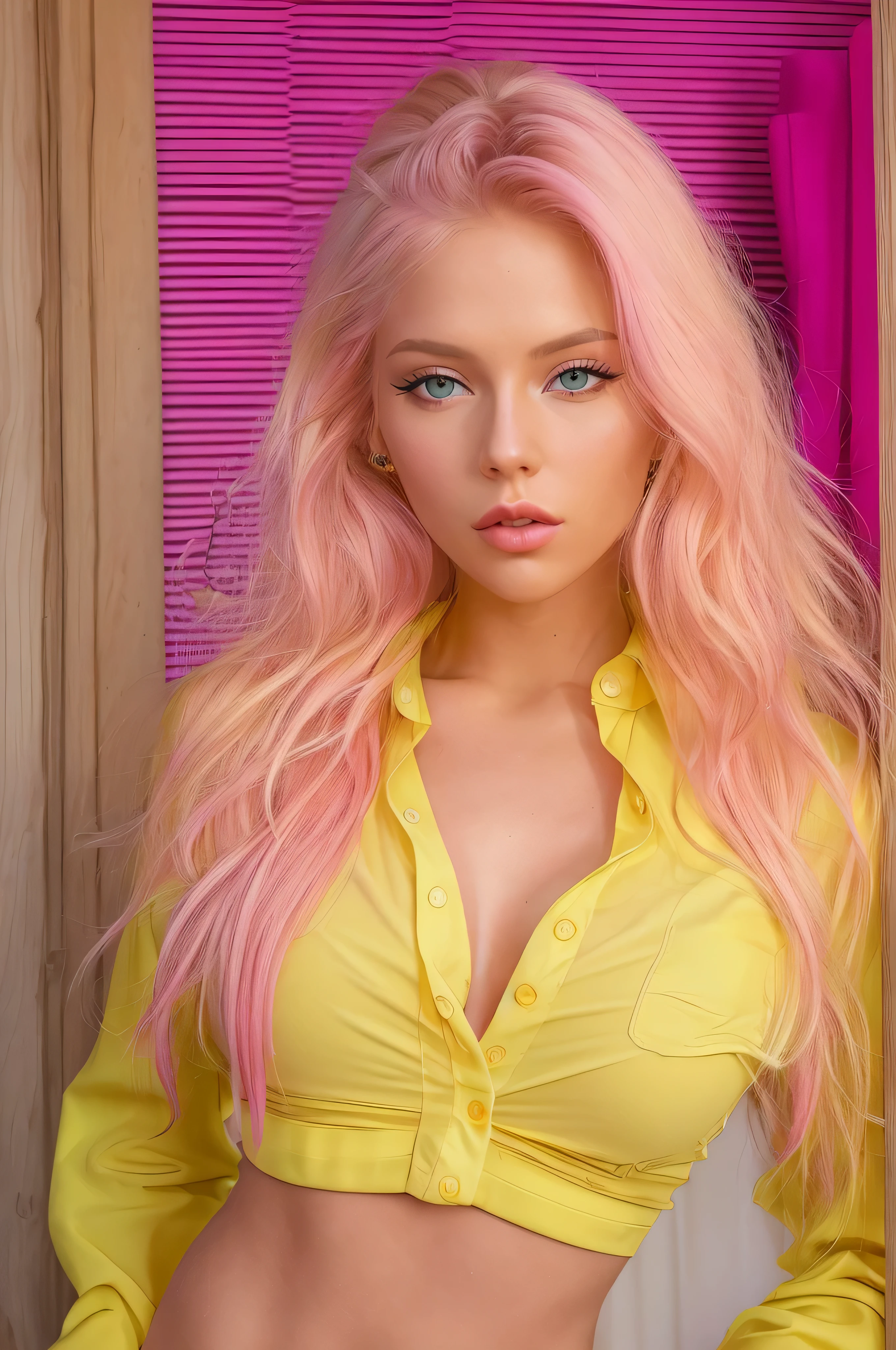 a woman with long blonde hair wearing a yellow cropped shirt, blonde swedish woman, pink lips, sexy face, instagram model laurence bedard, pink girl, dasha taran, thin light pink lips, anna nikonova aka newmilky, yellow shirt, perfect face, with visiable hard nipples:1.2