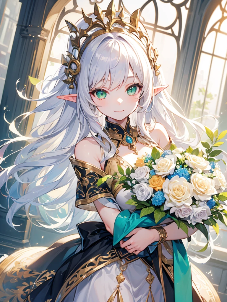 masterpiece, best quality, 1girl, ultra detailed, ultra highres, well-definded facial features, anatomically correct, cute girl, long pointy ears, elf, nice face,white hair, green eyes, hugging bouquet, smiling, classicism