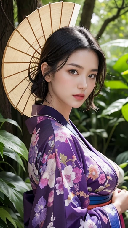 1 girl aged 25-30 years,Bright and beautiful demeanor, Long hair floats up,blown up, The sun shines brightly., sexy big breasts, flower garden, Red, black, dark blue, traditional kimono,, Masterpiece, best quality, Highly detailed 16k,  Take photos with a high quality camera 45,000,000 pixels