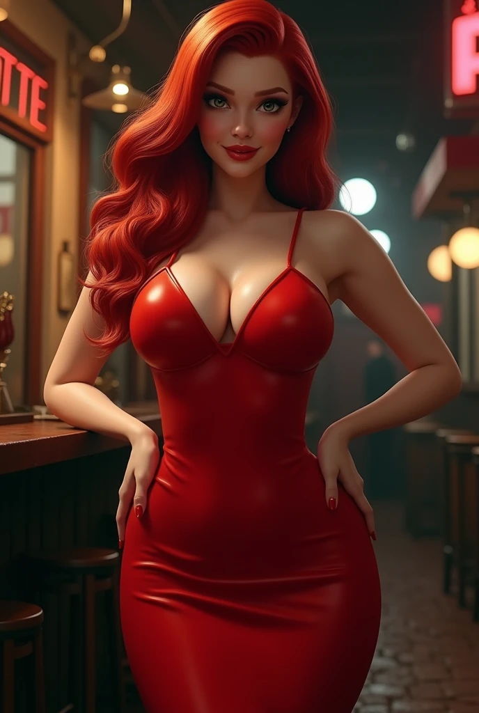 degenerate girl, big tits , asymmetrical face, blue eyes,  Red hair, curvy barista, naked, monkey apron only,  perfect detailed 12k, cafe and bar, With lights ,gothic makeup 