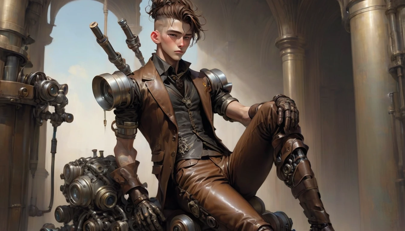 (((steampunk clothes))),open aviator jacketbrown colors ,man, male, male face, attractive, ((1man)), sitting, steampunk clothes, masterpiece, absurd, best quality, intricate details, (shiny skin, shiny body, bright and oily skin, shiny hair, pale skin tone), old castle, sunset, attractive,, adult, one, chest tattoo, don't look at the sight, don't look at the view,  don't look at the view, short black hair, perfect detailed face, perfect detailed hands, blue eyes, ((MLS)), medium large bud