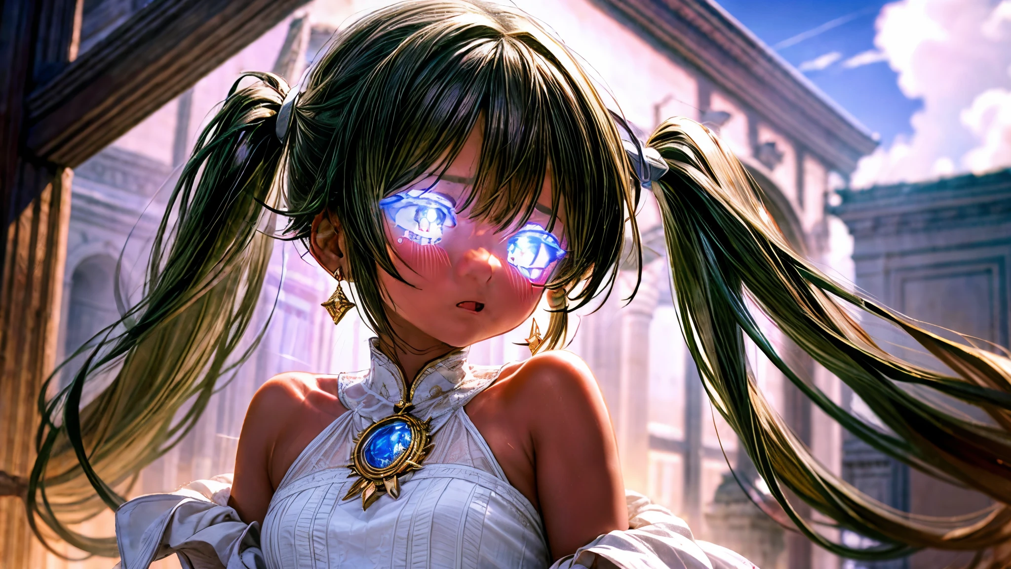 High resolution, masterpiece, Highest quality, Textured skin, Plump Skin, Glowing Skin, girl, Just One, Brown Skin, White Hair, White eyelashes, Small breasts, human, Royalty, Crescent-shaped earrings, Egyptian ornaments, Flying in the air, dress, armor, Low exposure, adult, around 20 years old, Crying out loud, Crying, Surrounded by sadness, Big tears, Twin tails, In the heavy rain