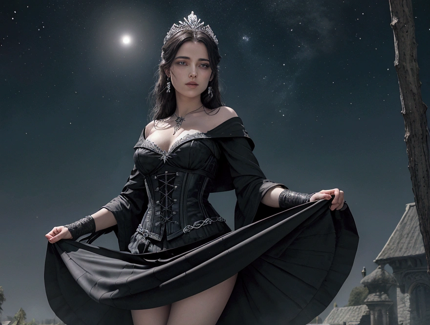 absurdres ,masterpiece, HQ, 4k, HDR, best quality, 1girl at center screen with beautifulface, white_hair. (black costume:1.2),deep dark, bangs, breasts, eyebrows_visible_through_hair, hair_ornament, light_particles, long_hair, looking_at_viewer, medium_breasts, dune surface, solo, space, star_(sky), starry_sky, twintails, very_long_hair, yellow_eyes,  transparent, see-through,(Background_Giedi_Prime_Dune:1.0), (innocent face:1.1),  beautiful eyes, volumetric lighting, real shadows.