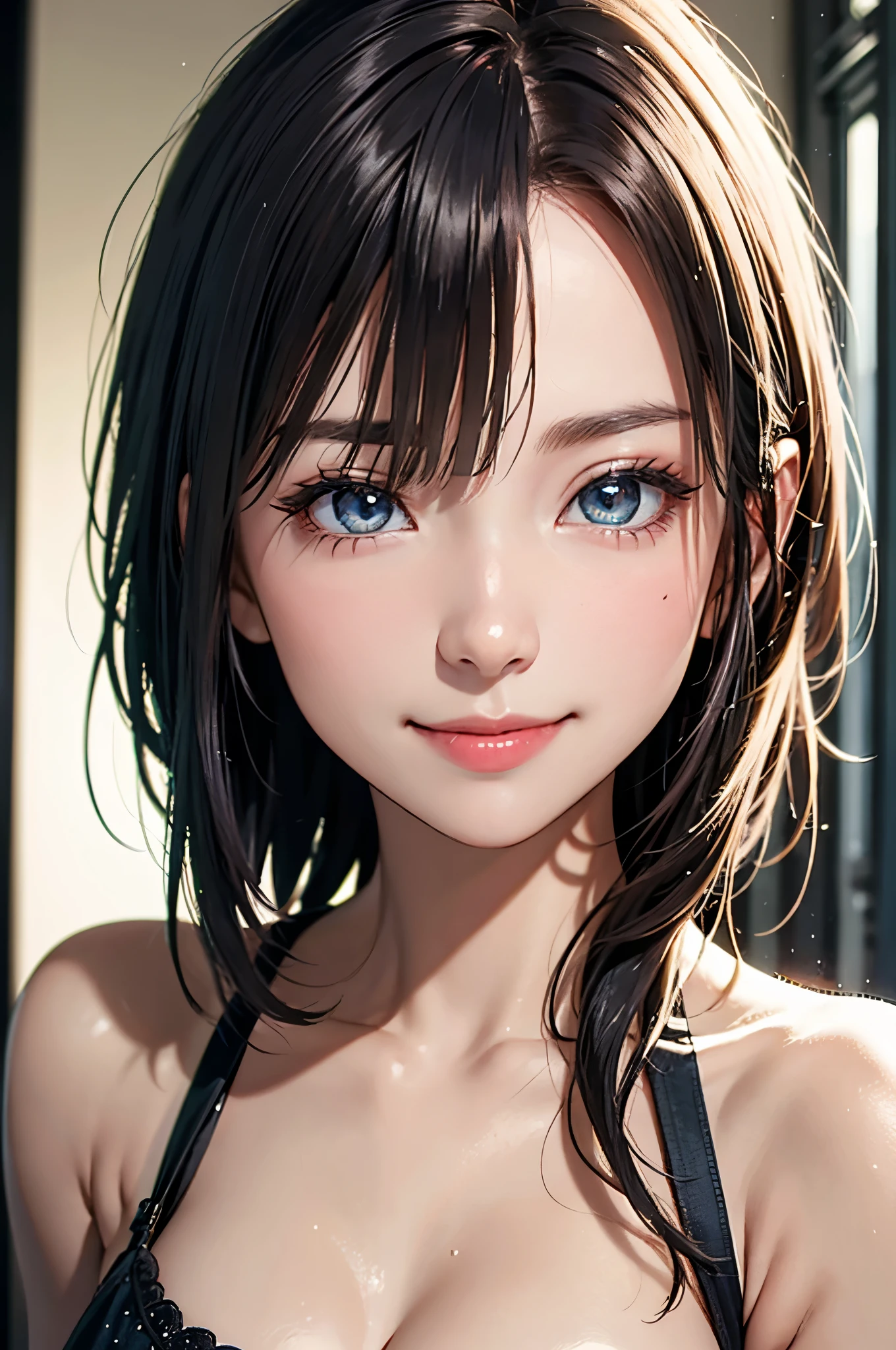 ((table top, highest quality, High resolution, nffsw, perfect pixel, written boundary depth, 4K, nffsw, nffsw))), 1 girl, single, alone, beautiful anime girl, beautiful art style, anime character, ((curl outward hair, bangs, brown hair)), ((green eyes:1.4, round eyes, beautiful eyelashes, realistic eyes)), ((detailed face, blush:1.2)), ((smooth texture:0.75, realistic texture:0.65, realistic:1.1, Anime CG style)), dynamic angle, ((Black shiny patterned micro bikini, Fashionable, )), smile, hotel poolside,evening,raise your arms,Show your audience the side