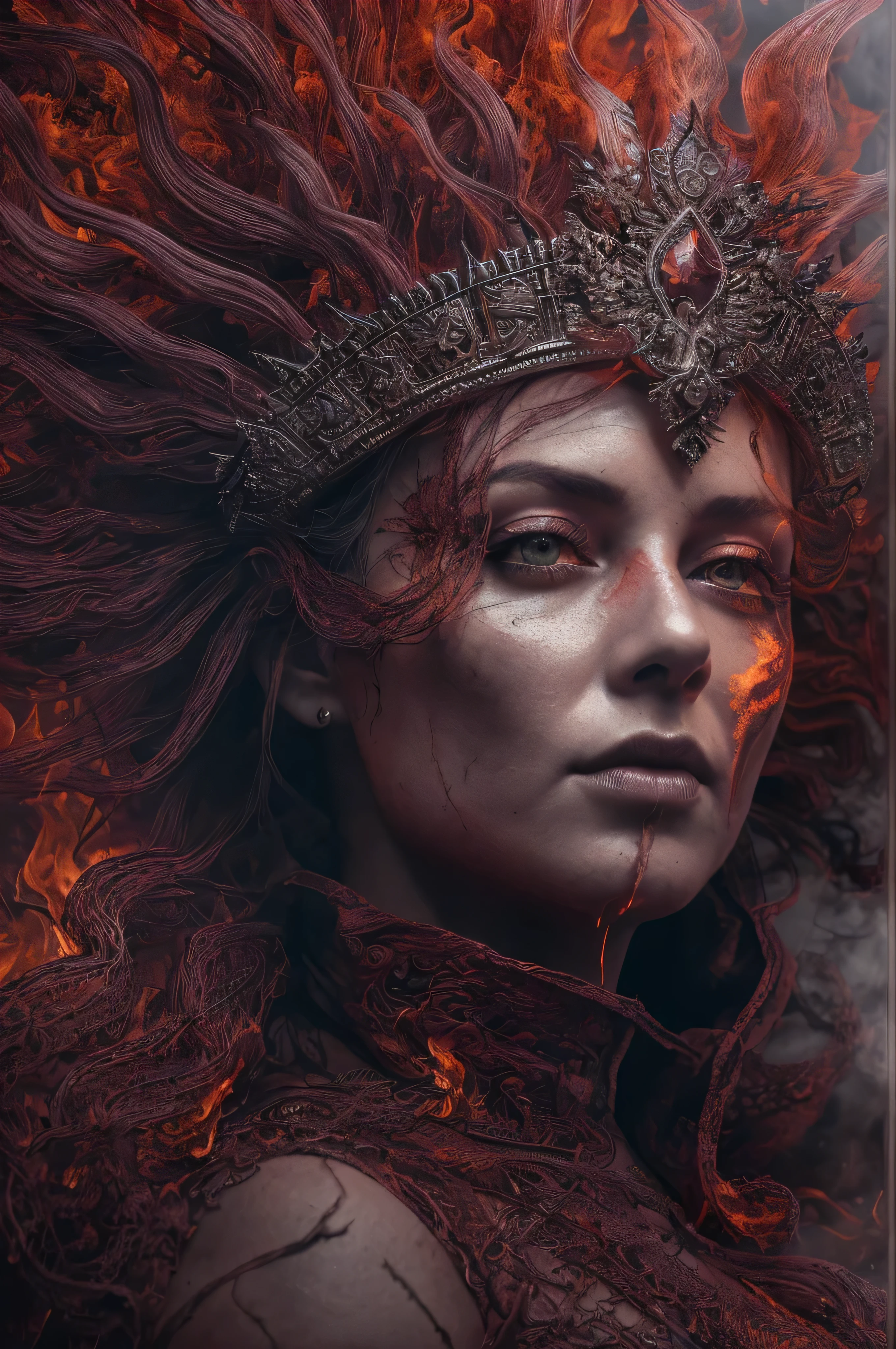 Pen and ink. Queen made of fire. (ultra-detailed, CG ,unity ,8k wallpaper),(masterpiece), (realistic), (photorealistic:1.2), (raw photo:1.2), (best quality:1.2), (detailed face :1.4), (beautiful detailed eyes :1.2), The character is surrounded by mist, evoking a mysterious and eerie atmosphere. The lighting is dark and atmospheric, with a red smoke adding a touch of sinister ambiance. The image is of the best quality, with a resolution of 4k and HDR enhancement, showcasing the utmost level of detail and realism, sfw, full body shot. View from above. (1woman), great composition, best quality, ultra high res, photorealistic,