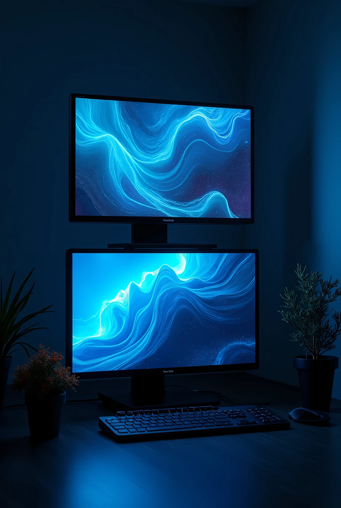 2 monitors、Monitors are placed vertically、Stylish room、Black and blue dim room、Neon color、High resolution, Highest quality, masterpiece, Widescreen, detail, 高いdetail, High-resolution model, Chiaroscuro, realism, Surrealism,