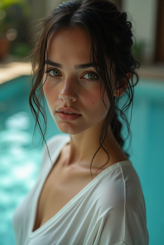 a beautiful chestnut haired european woman, naked, wet, full body, highly detailed, photorealistic, 8k, masterpiece, (realistic:1.37), (beautiful detailed eyes, beautiful detailed lips, extremely detailed face and body), smooth skin, glowing skin, (erotic, sensual, seductive:1.2), (art nude, nude figure, full frontal nudity:1.3), (wet, moisture, glistening:1.2), intricate details, cinematic lighting, dramatic shadows, warm color tones