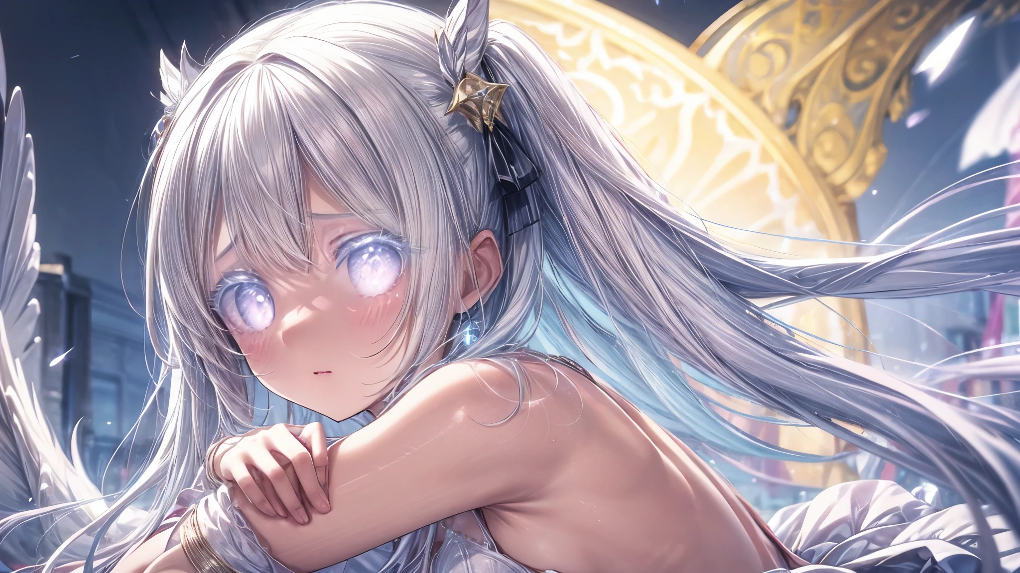 High resolution, masterpiece, Highest quality, Textured skin, Plump Skin, Glowing Skin, girl, Just One, Brown Skin, White Hair, White eyelashes, Small breasts, human, Royalty, Crescent-shaped earrings, Egyptian ornaments, Flying in the air, dress, armor, Low exposure, adult, around 20 years old, Crying out loud, Crying, Surrounded by sadness, Big tears, Twin tails, In the heavy rain