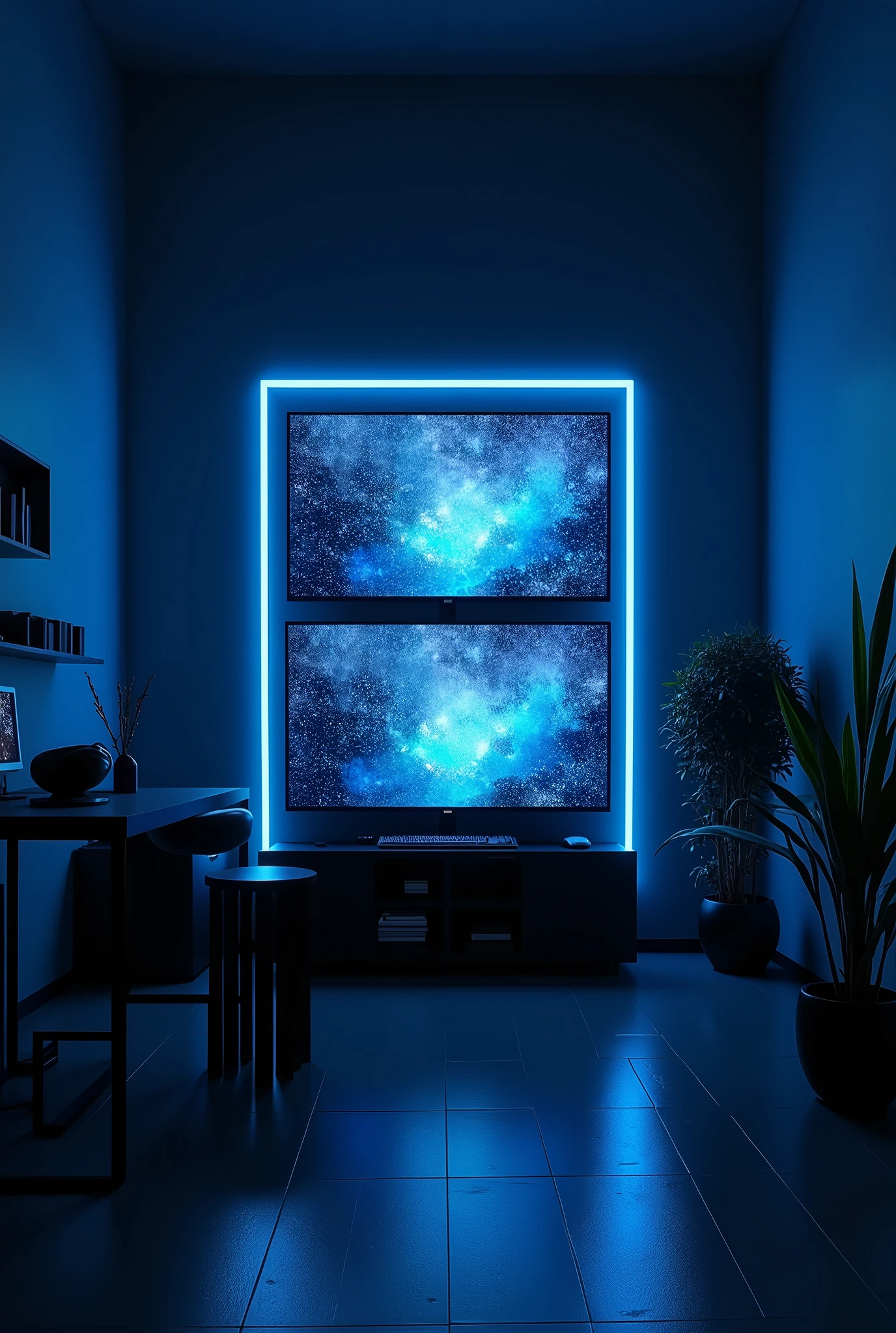 2 monitors、Monitors are placed vertically、Stylish room、Black and blue dim room、Neon color、High resolution, Highest quality, masterpiece, Widescreen, detail, 高いdetail, High-resolution model, Chiaroscuro, realism, Surrealism,