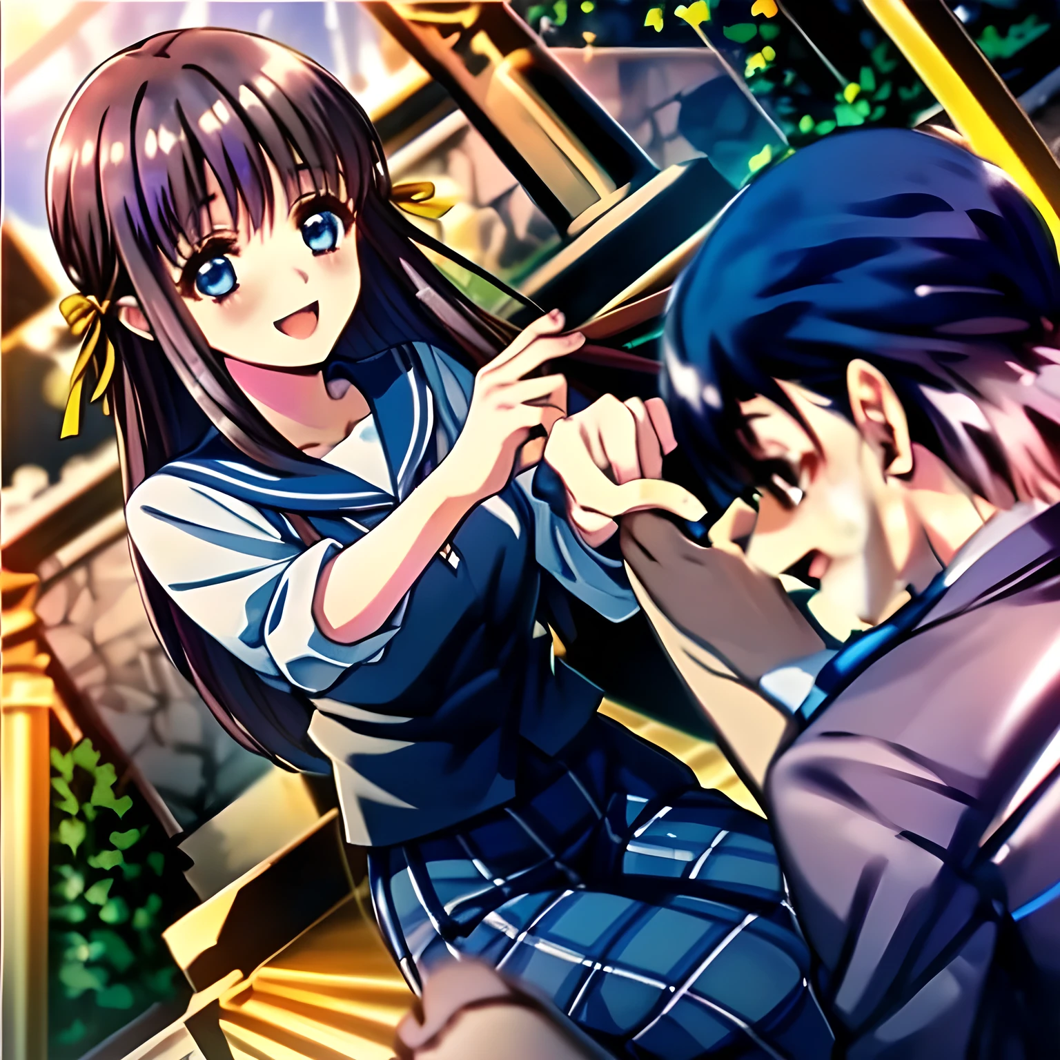 (highest quality, masterpiece, Full HD, High definition: 1.2), (Japanese Game CG art of beautiful giggling seated girl, charming me: 1.3), (Just one very beautiful date-game heroine who is looking and laughing at me, Very detailed cute **** heroine's eyes and face, Beautiful giggling eyes with detailed: 1.0), (long bottom-eyelashes: 1.0), (Girl whom everyone loves because of her beauty and lovely fashion and noble manner and mind of succubus and magical-charm of succubus: 1.0), (Very beautiful, wavy, cutely shining super-super-long blue hair, with elegant hair ribbons, spreading on whole the screen: 1.0), (Laughing very beautiful and lovely sapphire-blue intelligent cute-eyes which charms and enslave me inevitably, with clearly detailed: 1.4), (Eyes are clearly detailed), (very long eyelashes: 1.0), (Noble black neat sailor-styled formal school uniform with a noble expensive ribbon on the chest: 1.0), (Charming neat blue & navy tartan-checkered pleated long school skirt: 1.5), (Soprano singer of classic music: 1.0), (Can't stop giggling: 1.6), Clear skin, (Temple of Sacred Venus beauty background: 1.5)