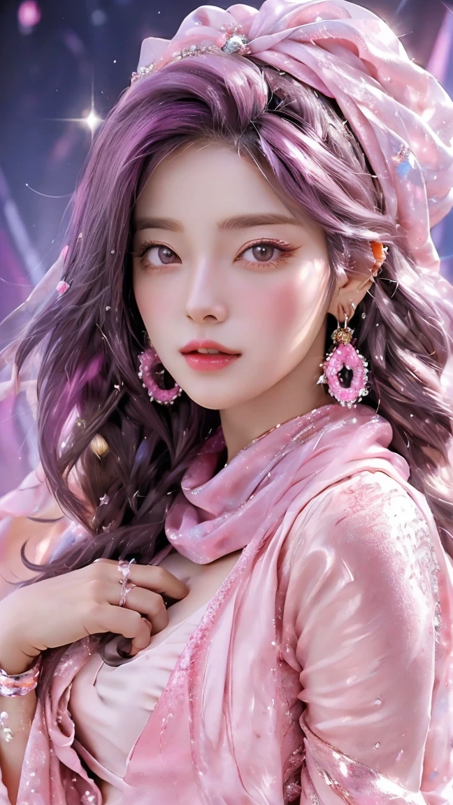 Highest quality, 1 girl, Damn, alone, On her head she wears a Muslim woman's headscarf, Her hair is hidden behind a scarf, pink and white clothes, View your viewers, Upper Body, Colorful sparkling crystals