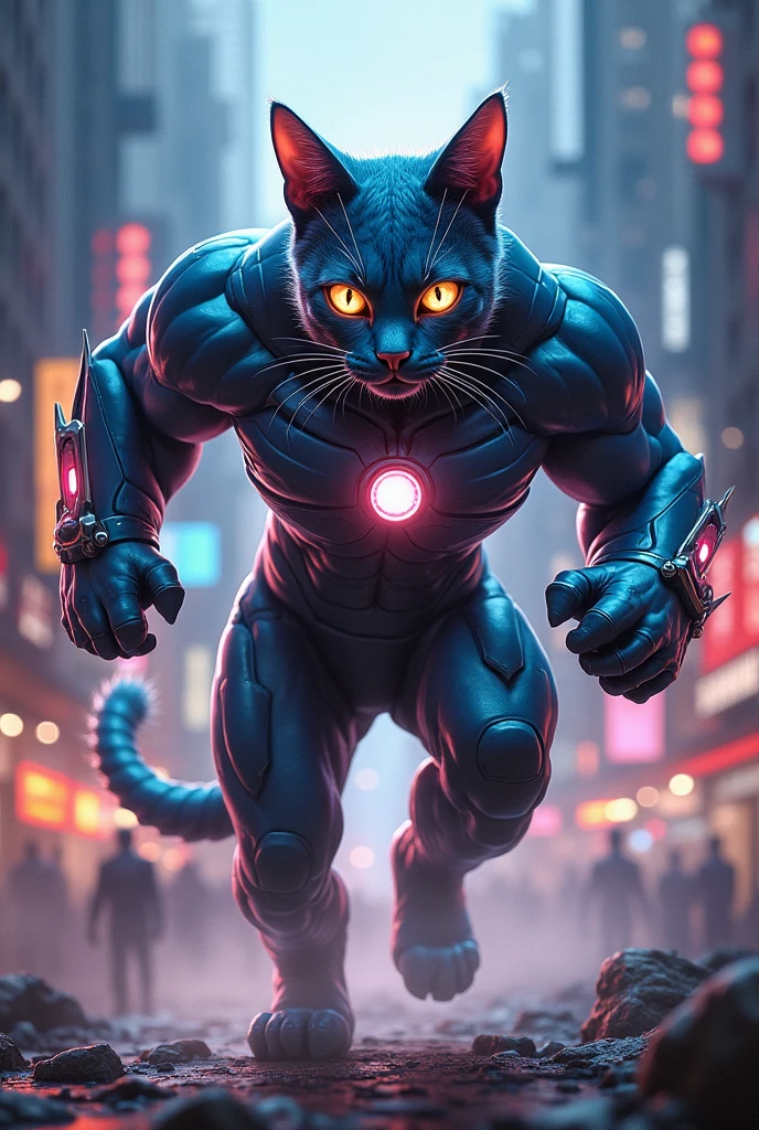 A black cat with a man's body, a futuristic world where the humonous being was instinct, had a nuclear war and the feline race dominated the world, image in high revolution, arid terrain with water scares, bodies lying on the ground torn apart and with blood, three-dimensional energy rays coming out of the clouds. --auto --s2