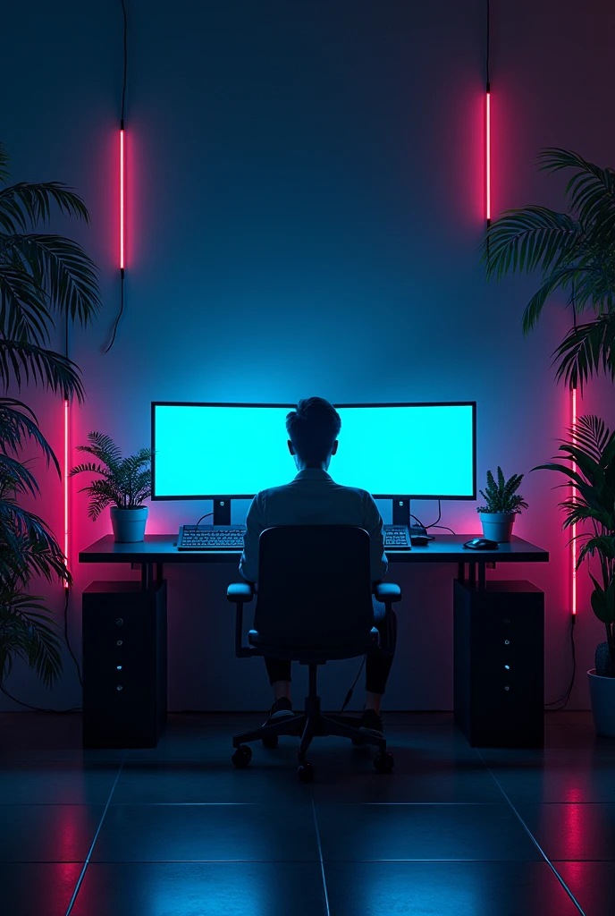 2 monitors、カラフルなNeon colorのオブジェ、Monitors are placed vertically、Stylish room、Black and blue dim room、Neon color、High resolution, Highest quality, masterpiece, Widescreen, detail, 高いdetail, High-resolution model, Chiaroscuro, realism, Surrealism, 