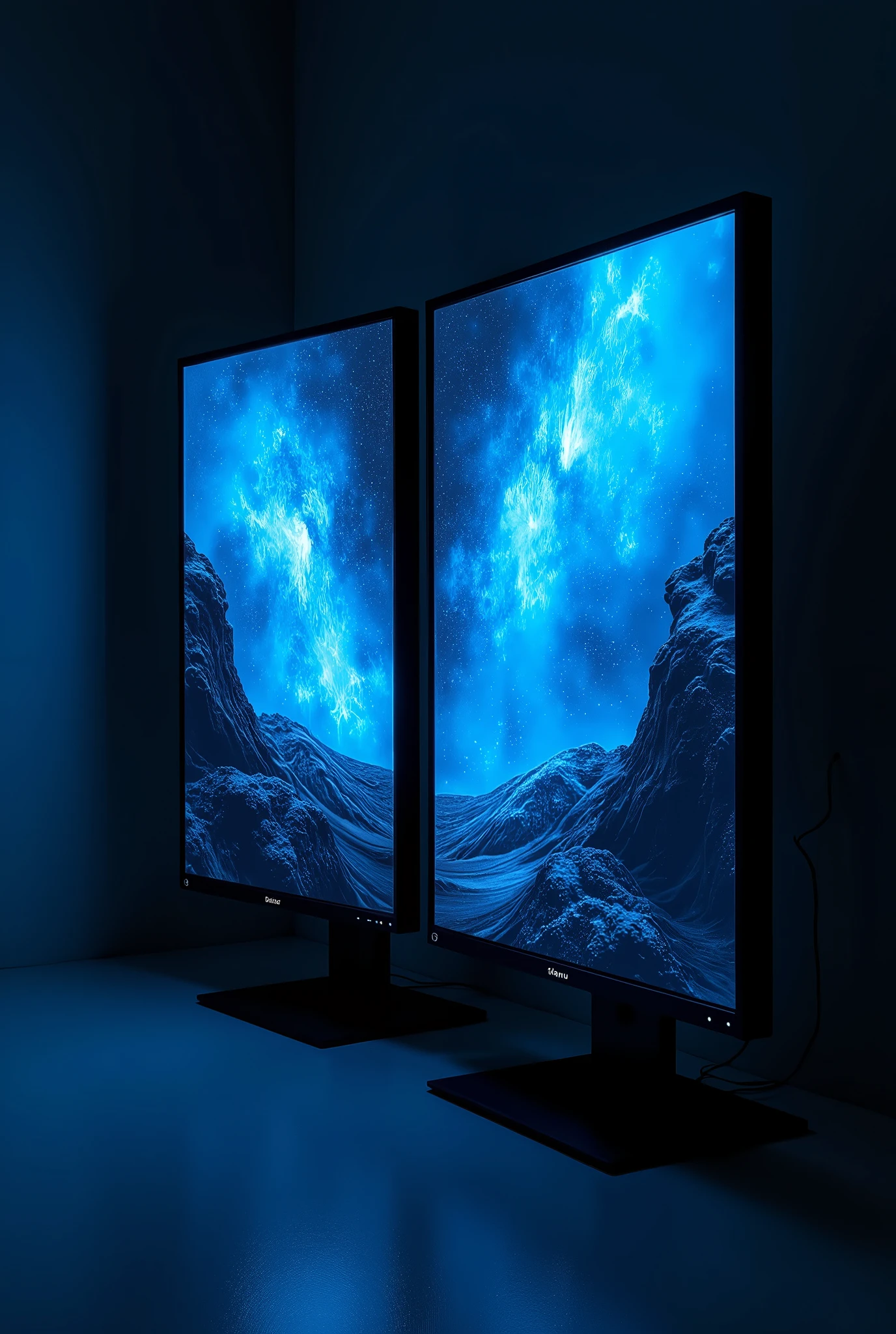 2 monitors、Monitors are placed vertically、Stylish room、Black and blue dim room、Neon color、High resolution, Highest quality, masterpiece, Widescreen, detail, 高いdetail, High-resolution model, Chiaroscuro, realism, Surrealism,