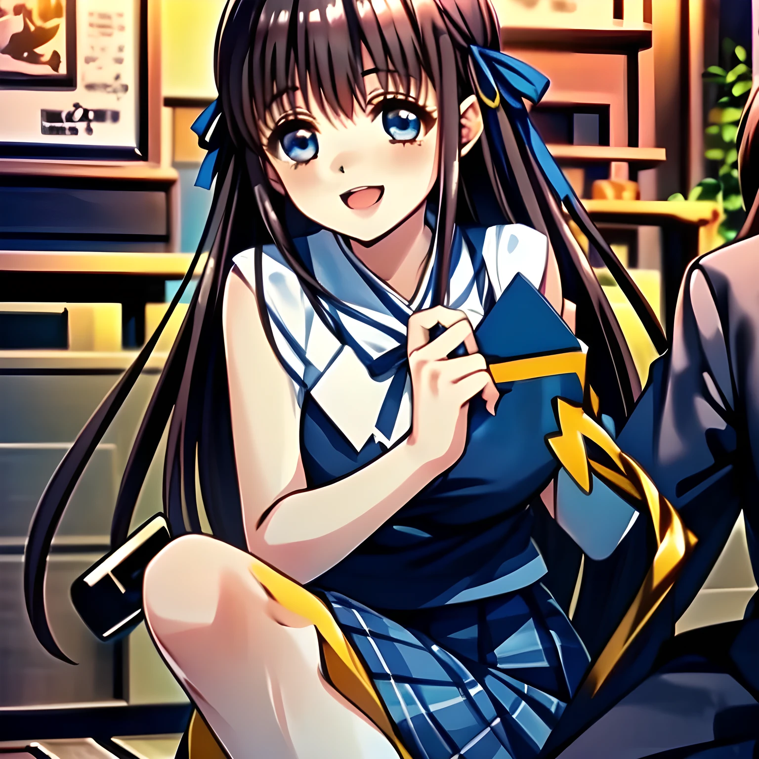 (highest quality, masterpiece, Full HD, High definition: 1.2), (Japanese Game CG art of beautiful giggling seated girl, charming me: 1.3), (Just one very beautiful date-game heroine who is looking and laughing at me, Very detailed cute yo heroine's eyes and face, Beautiful giggling eyes with detailed: 1.0), (long bottom-eyelashes: 1.0), (Girl whom everyone loves because of her beauty and lovely fashion and noble manner and mind of succubus and magical-charm of succubus: 1.0), (Very beautiful, wavy, cutely shining super-super-long blue hair, with elegant hair ribbons, spreading on whole the screen: 1.0), (Laughing very beautiful and lovely sapphire-blue intelligent cute-eyes which charms and enslave me inevitably, with clearly detailed: 1.4), (Eyes are clearly detailed), (very long eyelashes: 1.0), (Noble black neat sailor-styled formal school uniform with a noble expensive ribbon on the chest: 1.0), (Charming neat blue & navy tartan-checkered pleated long school skirt: 1.5), (Soprano singer of classic music: 1.0), (Can't stop giggling: 1.6), Clear skin, (Temple of Sacred Venus beauty background: 1.5)