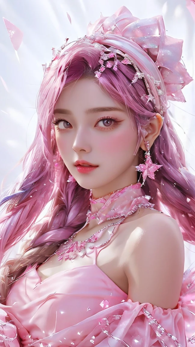 Highest quality, 1 girl, Damn, alone, On her head she wears a Muslim woman's headscarf, pink and white clothes, View your viewers, Upper Body, Colorful sparkling crystals