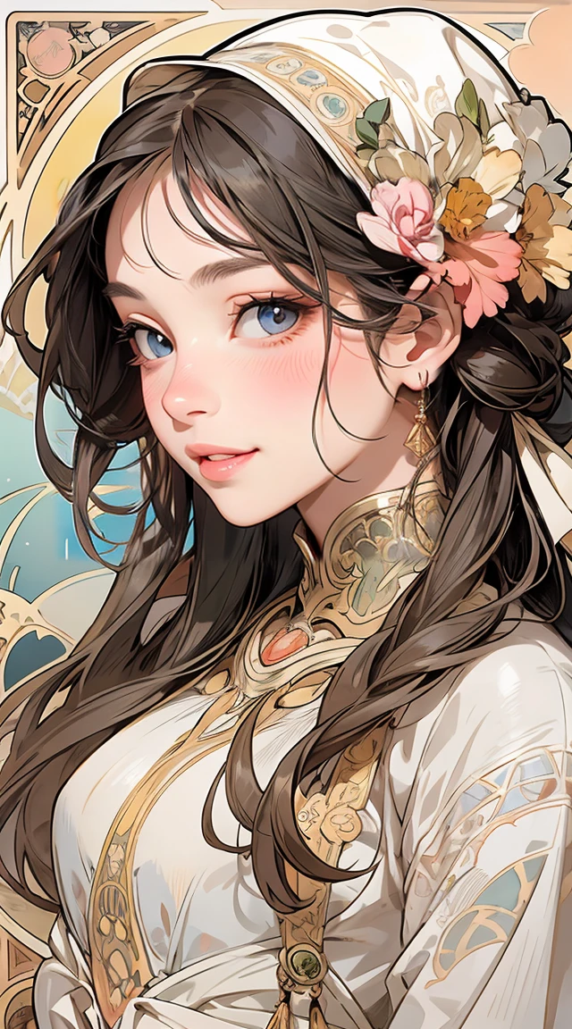 (high definition symmetrical image), ((goddess of , a woman born from flowers, round face, drooping eyes, smiling, small breasts on breasts, cute swollen nipples, hip, pubic h(((art nouveau))), (ecstasy face),