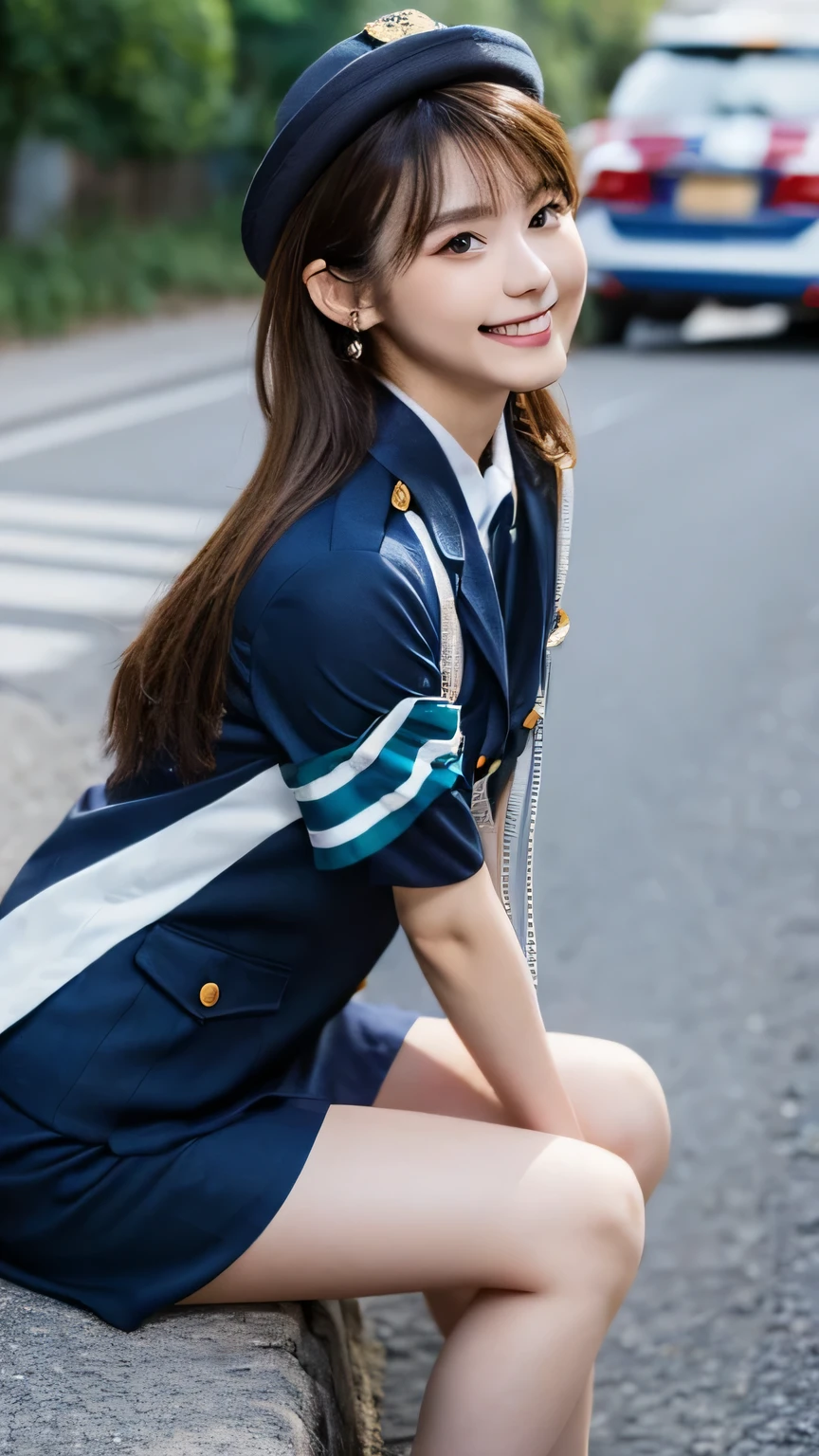 (Highest quality, DSLR photography, 8k, highest quality, high resolution, highest quality, highest resolution, very beautiful woman, perfect anatomy), bright brown eyes, very bright brown eyes, small diamond-shaped earrings, looking directly at the camera, beautiful brown hair, ((, loose and cute medium ponytail)), very short and beautiful bangs on brown hair, E-cup breasts, showing a beautiful décolletage, very beautiful 20-year-old, lip gloss, smiling very happily, very cute smile, upper teeth, beautiful teeth, (Japanese road (background only)), slightly larger eyes, small face, tall supermodel, beautifully shaped model, (random cool pose), dynamic angle, eye focus, head tilt, very detailed and realistic, very beautiful 20-year-old, ((medium shot)), sharp jawline, ((mini-skirted policewoman outfit)), deep waistline, sexy legs, side view, smiling very happily, laughing, summer daytime.