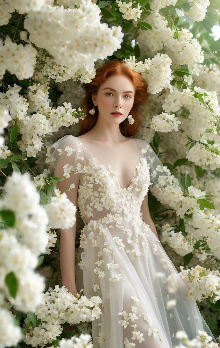 1gril,full-body portrait against a background densely filled with white flowers,creating a layered and textured backdrop. Centrally featured,a beautiful gril,stands enveloped by the white blossoms,making her appear as if she is part of a blooming garden. The flowers around her add depth and a sense of envelopment,enhancing the composition's layering effect. Her simple yet stunning white evening gown mirrors the purity and elegance of the surrounding flora. The woman faces directly towards the camera,her gaze captivating and serene amidst the floral abundance. This harmonious composition not only emphasizes the dynamic interaction between her serene elegance and the natural beauty of the flowers but also creates a striking visual narrative. The dense floral background and the woman's full-body capture,highlighted in a vertical format,showcase a sophisticated blend of human grace and nature's splendor,offering a rich,layered visual experience,red head, green eyes, large breasts,russian girl.