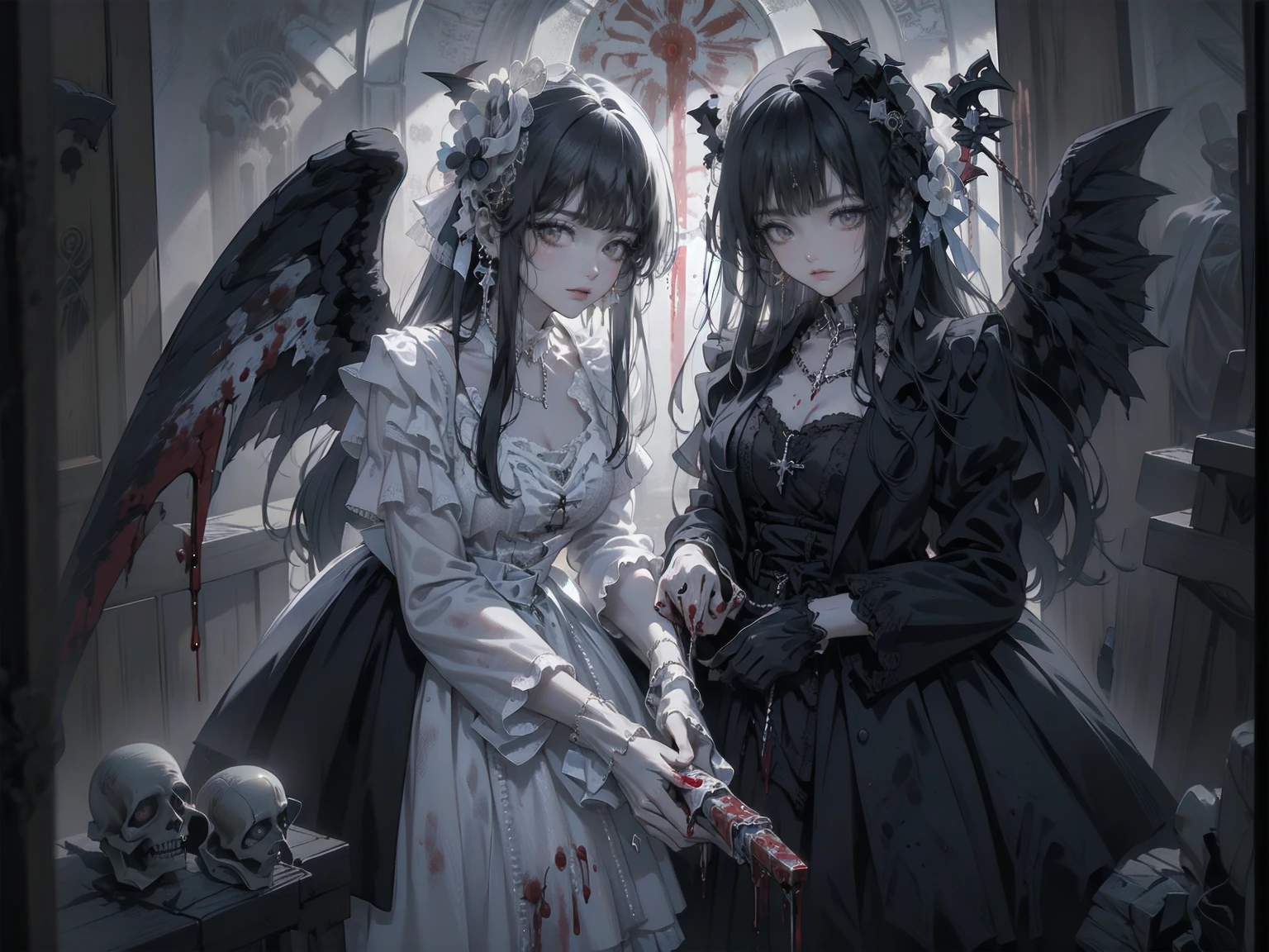 (Highest quality,4K,High resolution,masterpiece:1.2),Very detailed,Realistic:1.37,Spooky altar background,Dark fantasy,Red color scheme,Ominous atmosphere,Eye-catching,Storytelling,anatomy,Anime Style,Concept Art,beautiful細部までこだわった顔と (((Red eyes ))),A terrifying ritual ,Satanic Ritual,Premature death,Improper behavior,クレイジーなsmile,Scythe Face,Girl Monster, beautiful, Delicate facial features, Sharp Eye, Sharp Fangs, Pale skin, Thick chain, Dark Background, Cinema Lighting, Dramatic Shadows, Gothic style, Gloomy atmosphere, Dark fantasy, One Girl, , Please open your mouth wide, Open your mouth and baring your teeth,Sharp teeth like a beast, Wide lips, very wide mouth, Vermilion cheeks, ,(Blood splatter:1.4),Scary smile, smile,Fallen angel design, Twisted smile、Bloody、bleeding from the head,,,、Blood splatter、,(Blood splatter:1.4),Crossbones, skull,Horror Style, ((Fantasy Fallen Angel Costume)), ((Flowing black hair)), ,(Blood splatter:1.4),Female curves, Sexy flat stomach, Perfect hands, Perfect anime face, ((White Teddy Dress)), Are standing, ((邪悪なsmile)), ,(Blood splatter:1.4), Steam circulates, Moonlight Illumination, night lighting, disaster々new devil horns,,(Blood splatter:1.6),アニメFallen angel design, Twisted smile、Bloody、bleeding from the head,,,、Blood splatter、,(Blood splatter:1.4),Crossbones, skull,Gothic architecture、Western architecture、Fantasy World、,Victorian cities, Skeleton Gas Light,
