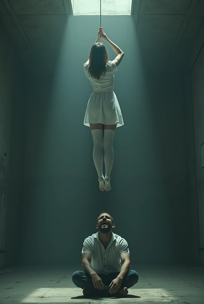 Scene of female nurse hanging herself in white thigh high socks ,hovering in the air , a man sitting on the ground in panic