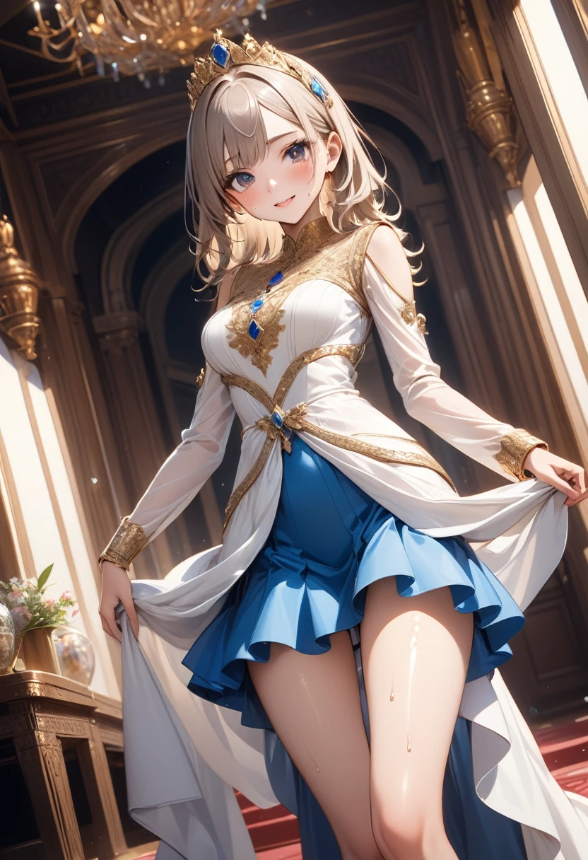 Obra maestra, best quality,Zelda (princess) blond_short_hair, 1girl, , dark_light_skin, blue_eyes, two_small_cat_ears, (loli_girl), armpit, white_panties, big_legs, no_bra, blue_shorts_dress,big_hips, ribbon_hair, open_legs, half_smile.