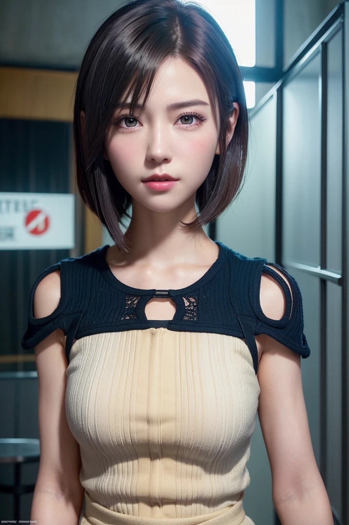 1 Girl, 23 years old, south korea, masterpiece, Perfect Face, Soft Skin, Freckles under the eyes, Short brown hair, Beaver, Glowing purple eyes, Red eyeliner, Red lips, smile, Mouth closed, Natural Makeup, White top, sunset, Soft lighting, close.