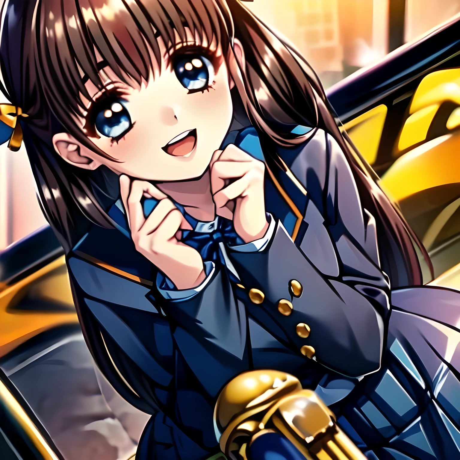 (highest quality, masterpiece, Full HD, High definition: 1.2), (Japanese Game CG art of beautiful giggling seated girl, charming me: 1.3), (Just one very beautiful date-game heroine who is looking and laughing at me, Very detailed cute **** heroine's eyes and face, Beautiful giggling eyes with detailed: 1.0), (long bottom-eyelashes: 1.0), (Girl whom everyone loves because of her beauty and lovely fashion and noble manner and mind of succubus and magical-charm of succubus: 1.0), (Very beautiful, wavy, cutely shining super-super-long blue hair, with elegant hair ribbons, spreading on whole the screen: 1.0), (Laughing very beautiful and lovely sapphire-blue intelligent cute-eyes which charms and enslave me inevitably, with clearly detailed: 1.4), (Eyes are clearly detailed), (very long eyelashes: 1.0), (Noble black neat sailor-styled formal school uniform with a noble expensive ribbon on the chest: 1.0), (Charming neat blue & navy tartan-checkered pleated long school skirt: 1.5), (Soprano singer of classic music: 1.0), (Can't stop giggling: 1.6), Clear skin, (Temple of Sacred Venus beauty background: 1.5),  Trying to heal me like a naan