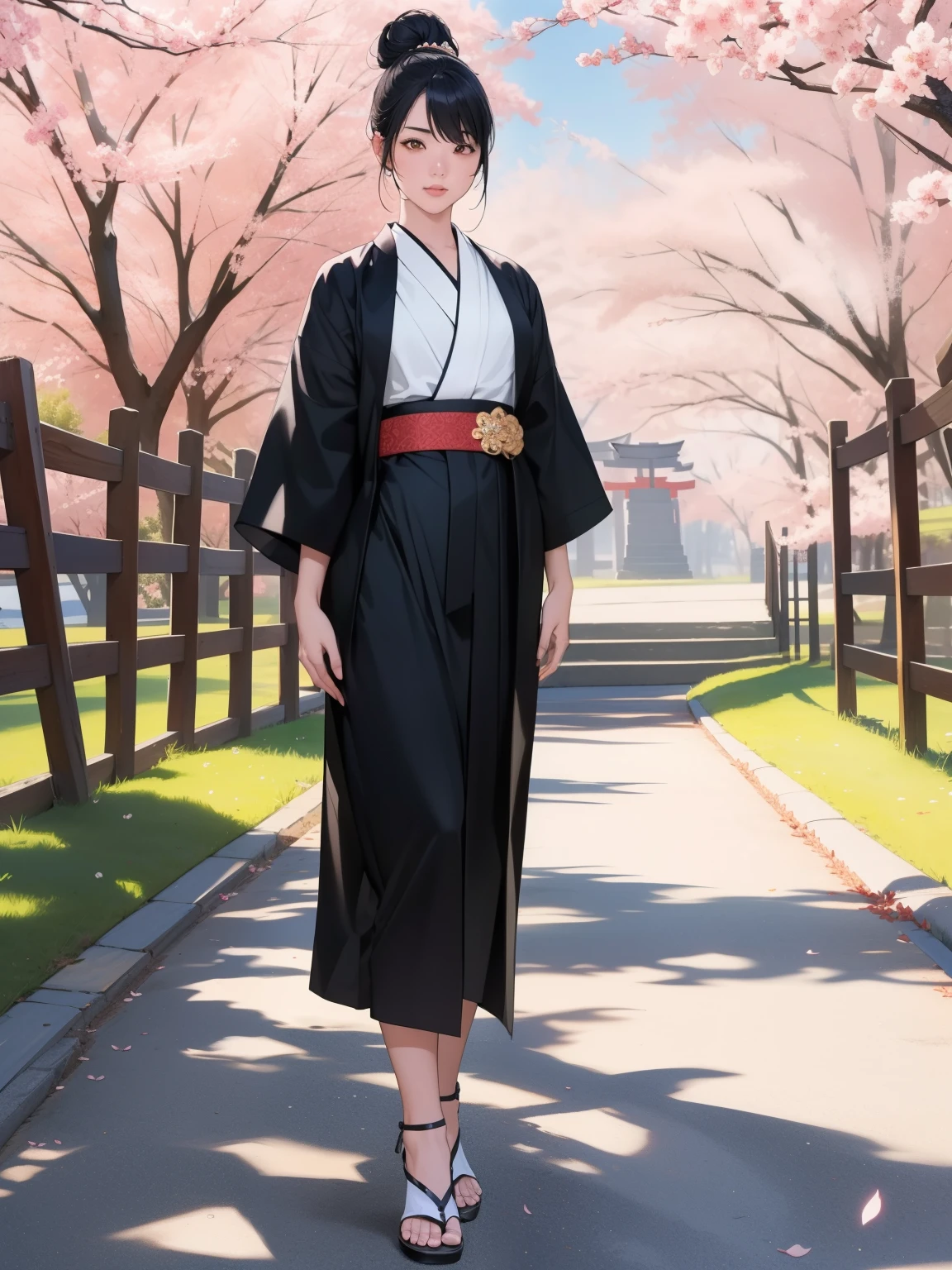 (Highest quality,4K,8k,高解picture度,masterpiece:1.2),Very detailed,(Realistic,photoRealistic,photo-Realistic:1.37), Two Girls, black kimono, Black legwear, black ribbon, Black Hair, cherry blossoms, Day, flower, Hair Bun, hair ribbon, kimono, kimono, Long Hair, View your viewers, Recall , Multiple Girls, belt, Outdoor, Red eyes, Redhead, ribbon, Sandals, Single Pan, stage, Are standing, picture, torii, wood, white kimono, Yellow Eyes