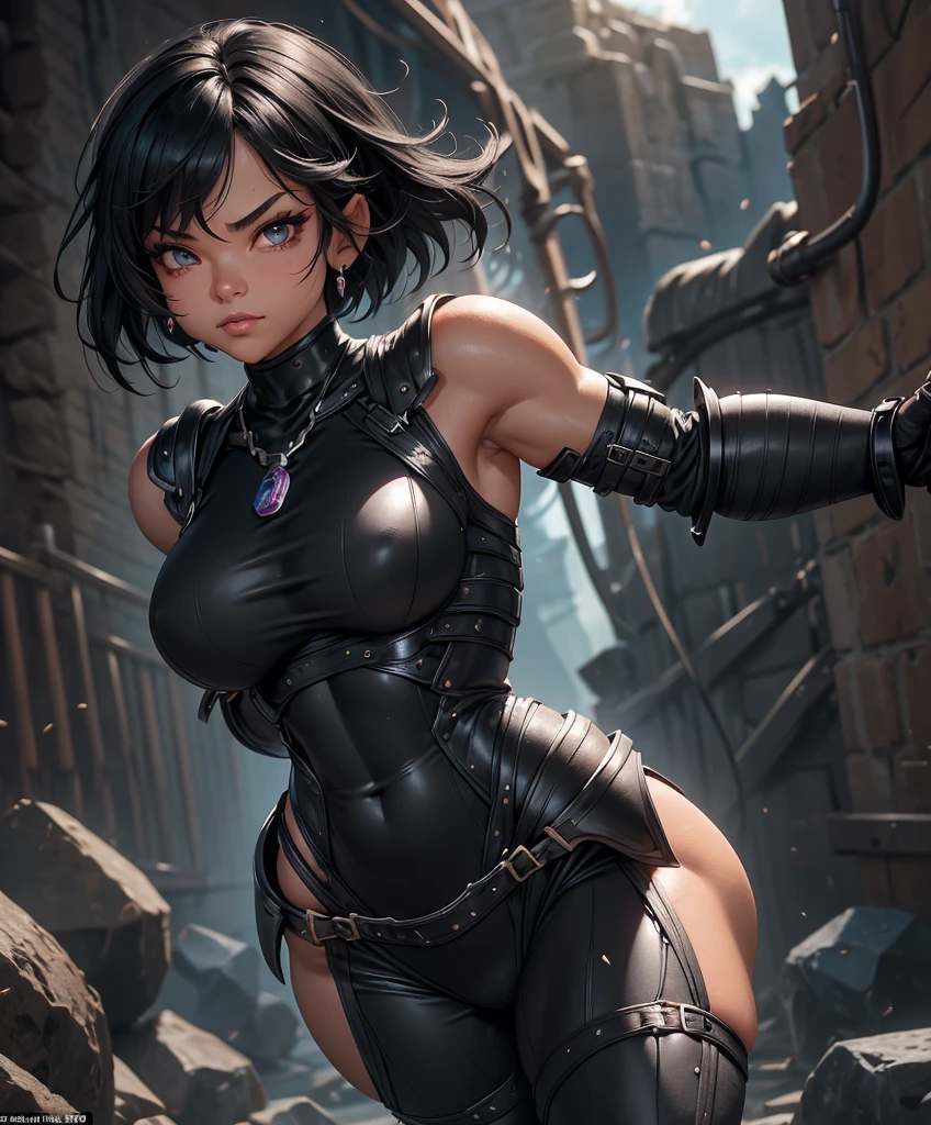 Solo focus.  Single character image. (((Appears to be 20 years old with youthful looks.))) (((Dungeon background.))) (((Short. black sexy hair style.))) Create a powerful and muscular mighty female warrior who exudes raw sexual energy and dominance. Her very presence is intimidating and ruthless.  Rowdy, bawdy, sexy.   Her muscles ripple with power and strength, accentuated by her tight-fitting armor that leaves little to the imagination. Her breasts are large and full, almost bursting out of her armor as she strides confidently into battle. Muscular.  Bodybuilder physique.  Intense gaze.