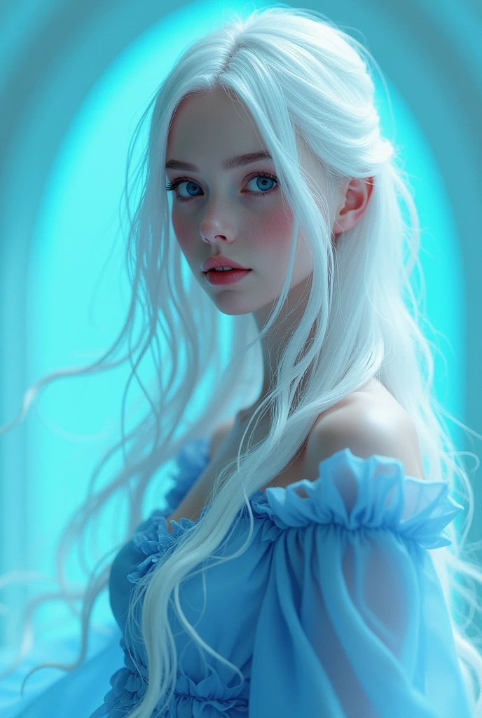 Kizi, very white with dark blue eyes, long white hair, she is dressed in a blue princess outfit, she is in the palace with a sad look