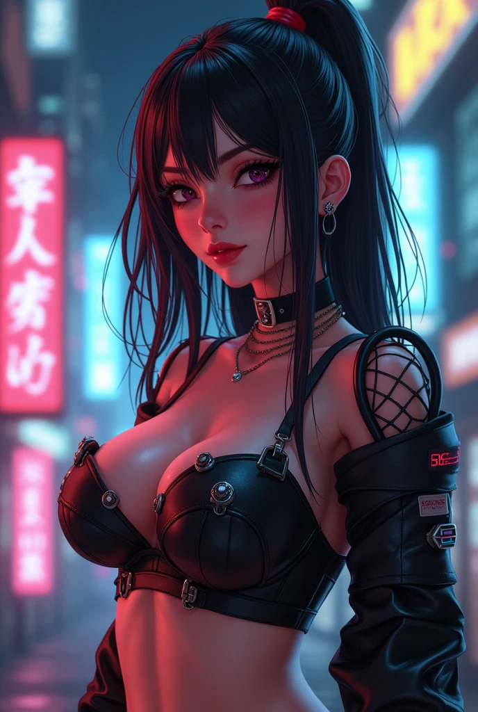 uma pintura digital da Re-l Mayer, References to anime ergo proxy, synthwave, neon, neon brilhante, coxas grossas, cintura fina, sensual, nsfw, pouca roupa, erotic art, anime, roupas rasgada de batalha, extremamente sexualidade, corpo suado, NSFW, seios grandes, bunda grande, HD, 8k, Alta qualidade, detalhes, corpo perfeito, destaque o corpo, detalhe no rosto perfeito, Detail in the background