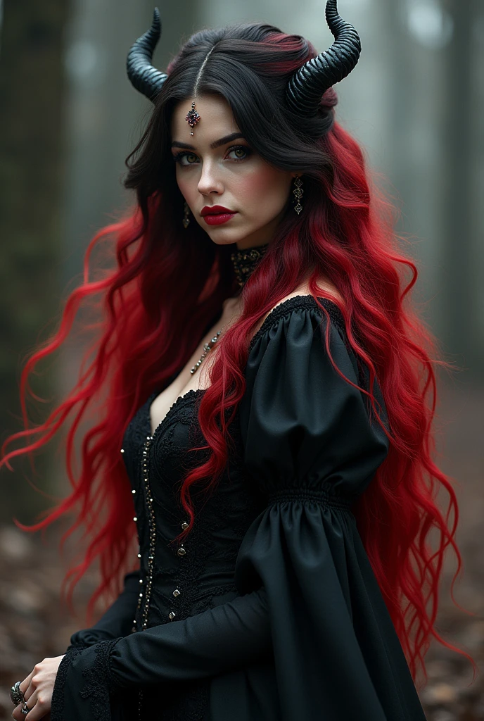 Woman, Medusa, (feudal middle age:1.1), Slavic appearance, (long straight purple gradient pro red hair), (Eyes red), (look of strong expression), Purple Lipstick, skin fair, (Black Gothic clothes with red details:1.1), Yellow scales on the hands, cinematic lighting, mystical atmosphere, Dynamic focus, ultra Reality, ultra realistic, ultra quality, Real, Real texture:1.1, Realistic clothes:1.1, 8k crazy, absurdrez,
