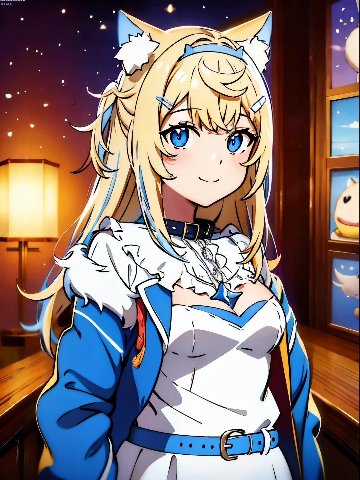 masterpiece, Highest quality, Absurd, Perfect Anatomy, fluffy_Abysgard, whole body, Animal ears, Animal earsの毛, One girl, hair ornaments , blue eyes, Blonde, hair band, Hair Clip, collar, smile, Jacket, White Dress, Blue Belt, View your viewers, Cowboy Shot,