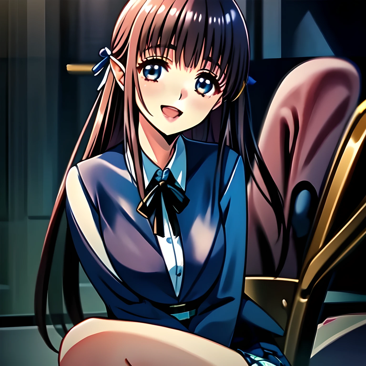 (highest quality, masterpiece, Full HD, High definition: 1.2), (Japanese Game CG art of beautiful giggling seated girl, charming me: 1.3), (Just one very beautiful date-game heroine who is looking and laughing at me, Very detailed cute **** heroine's eyes and face, Beautiful giggling eyes with detailed: 1.0), (Super-long bottom-eyelashes: 1.2), (Girl whom everyone loves because of her beauty and lovely fashion and noble manner and mind of evil succubus and magical-charm of evil succubus: 1.0), (Very beautiful, wavy, cutely shining super-super-long blue hair, with elegant hair ribbons, spreading on whole the screen: 1.0), (Laughing very beautiful and lovely sapphire-blue intelligent cute-eyes which charms and enslave me inevitably, with clearly detailed: 1.4), (Eyes are clearly detailed), (very long eyelashes: 1.0), (Noble black neat sailor-styled formal school uniform with a noble expensive ribbon on the chest: 1.0), (Charming neat blue & navy tartan-checkered pleated long school skirt: 1.5), (Soprano singer of classic music: 1.0), (Can't stop giggling: 1.6), Clear skin, (Nothing except black background: 1.5)