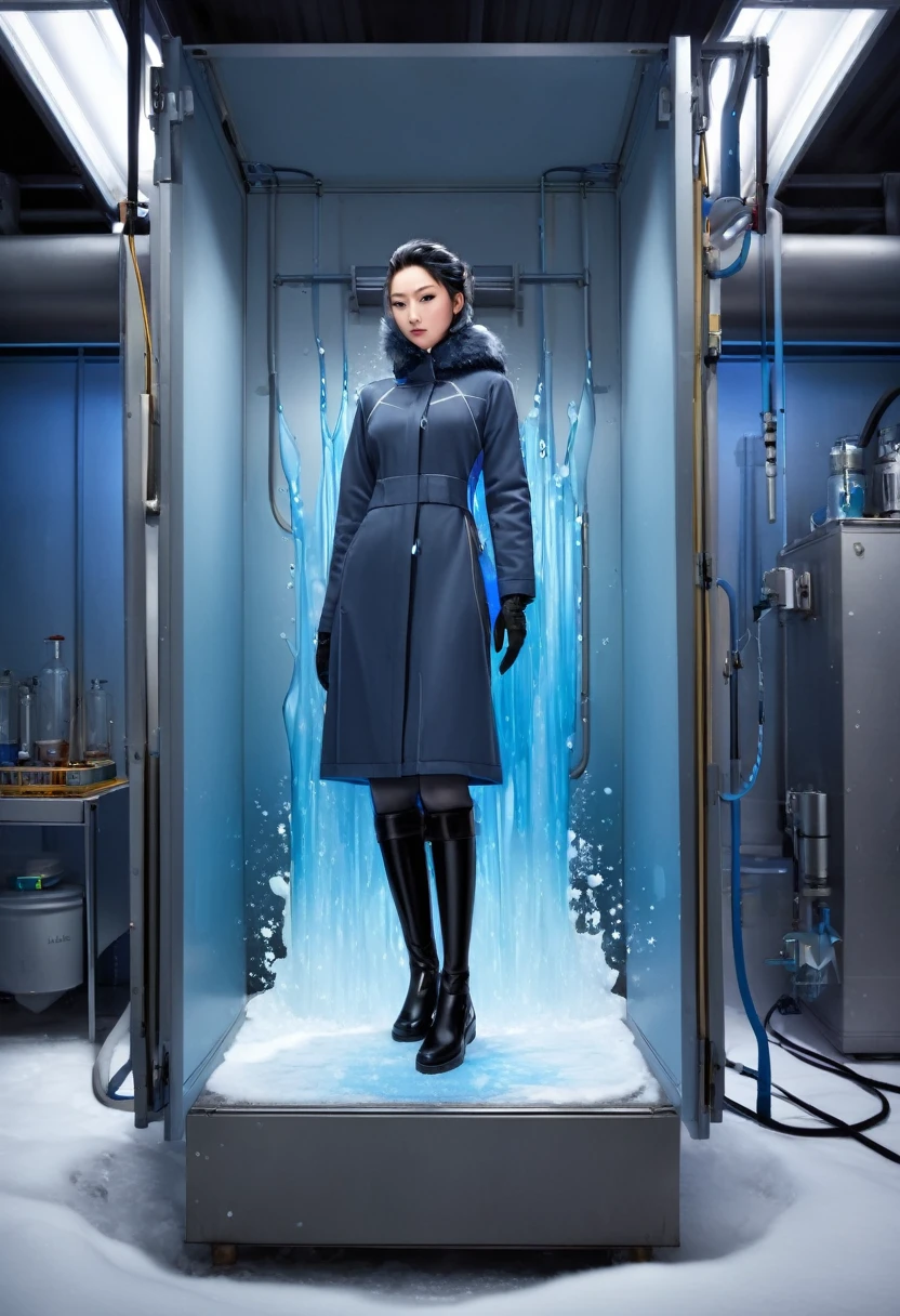 A liquid in a laboratory container, it remains liquid at sub-zero temperatures, she stands on a pedestal in a laboratory, sas looks like a cold storage