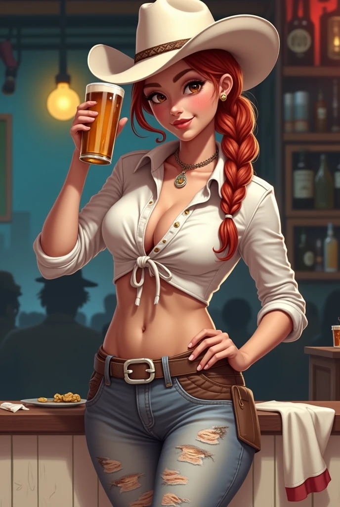 woman with short curly hair in cowboy outfit sitting at bar with beer, cowgirl, western cowgirl, cowgirl, female cowgirl, western clothing, cowboy style, western hall theme, saturday night in a saloon, dressed as a western sheriff, oldwest, wearing cowboy hat, wearing a cowboy hat, oldwest, female sheriff, in the oldwest, Wild West, western art, blunt bangs, hair behind ear, snowflake hair ornament, drunk, parted lips, smiley, reflection light, bloom, drop shadow, Fujicolor, motion lines, masterpiece, 16K