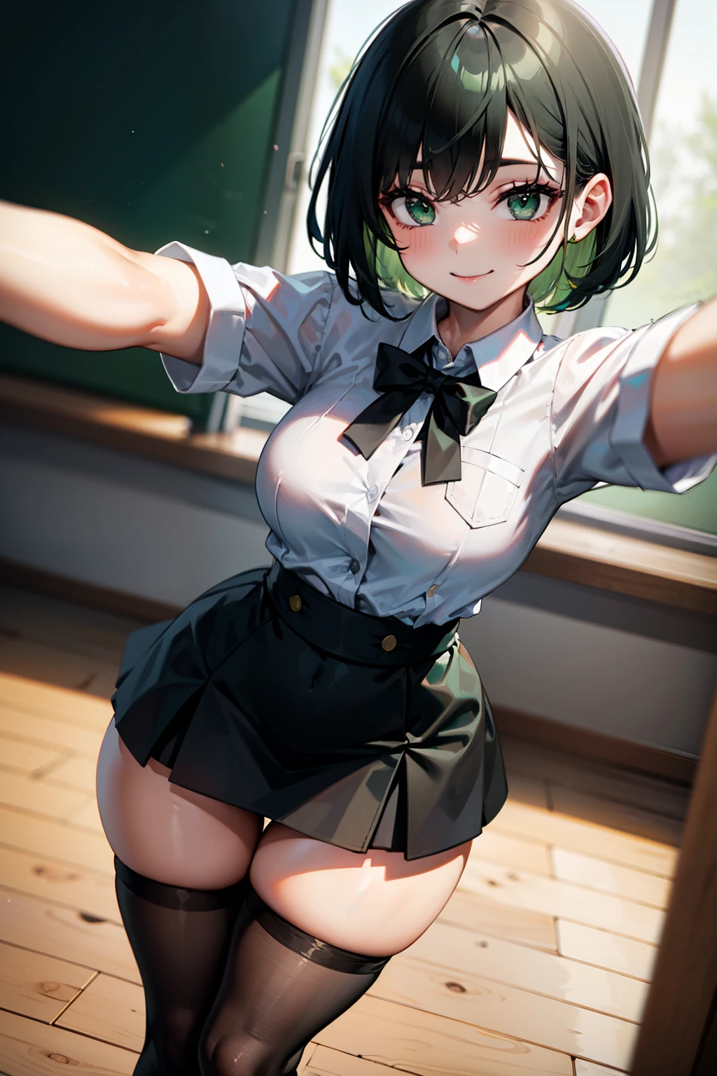 selfie, hair behind ear, makeup, light green hair, green hair, black hair, green and black gradient hair, short hair, straight hair, bangs, green eyes, smile, (small breasts:0.7), white collared shirt, white shirt, buttoned shirt, green tie, black skirt, short skirt, thigh highs, black thigh highs, classroom, thick thighs, wide hips, thigh gap, thin waist, uniform