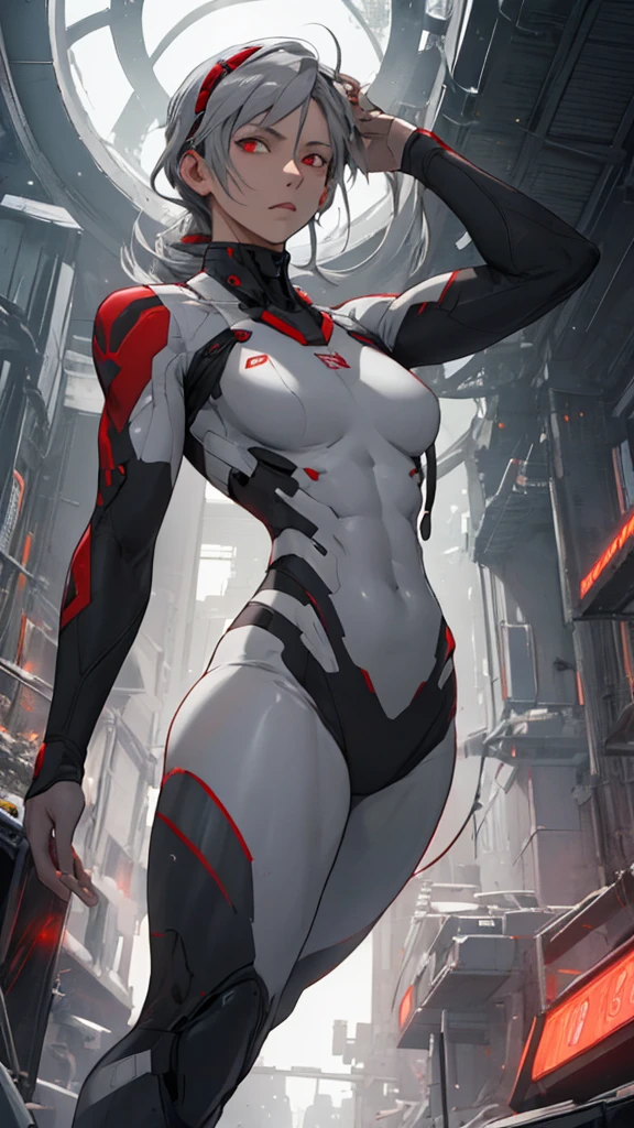 Beautiful cybernetic girl detailed muscles realistic masterpieces full figure pose (best quality,ultra-detailed), white hair in ponytail, fair skin, fit body, slim figure, narrow waist, (angry expression), black carbon fiber cybernetic mobile combat suit